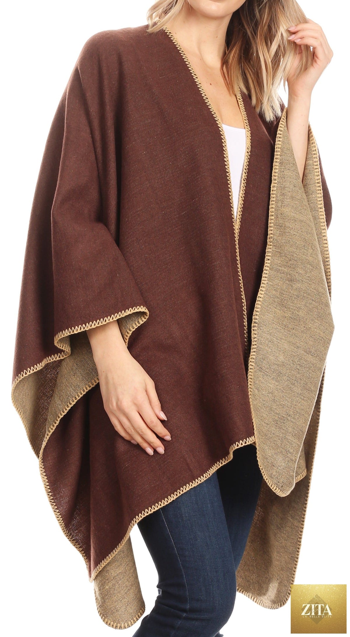 Sakkas Mari Women's Reversible Large Poncho Shawl Wrap Scarf Cape Ruana Blanket