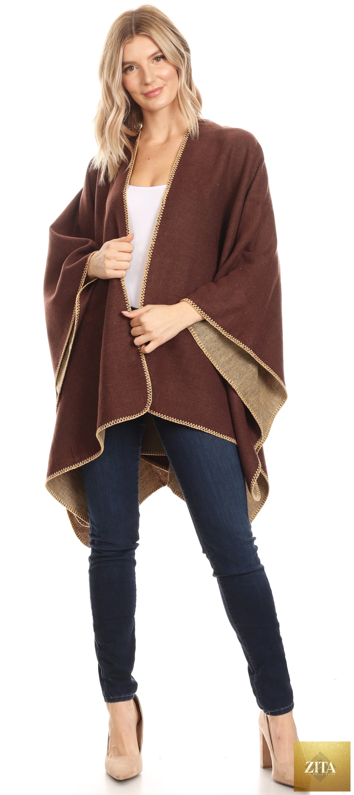 Sakkas Mari Women's Reversible Large Poncho Shawl Wrap Scarf Cape Ruana Blanket