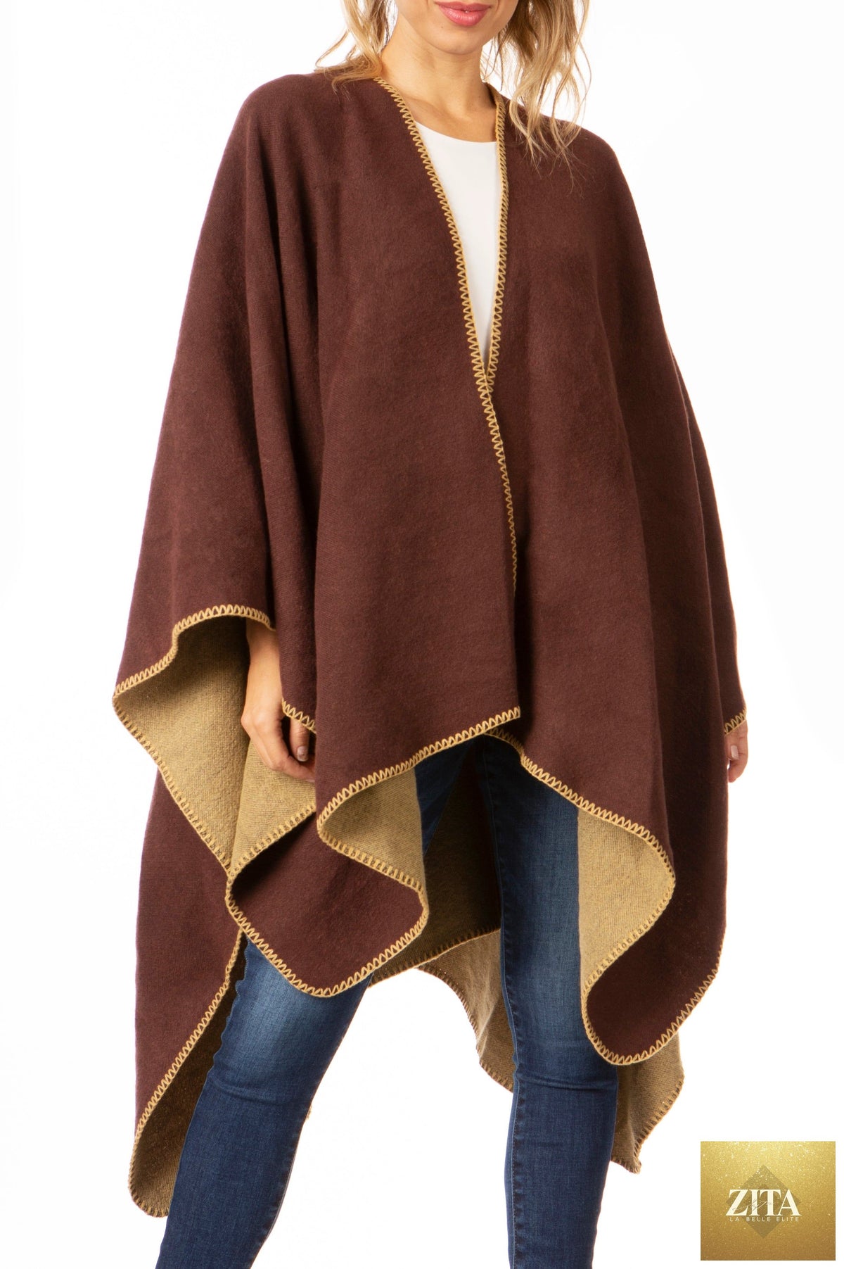 Sakkas Mari Women's Reversible Large Poncho Shawl Wrap Scarf Cape Ruana Blanket