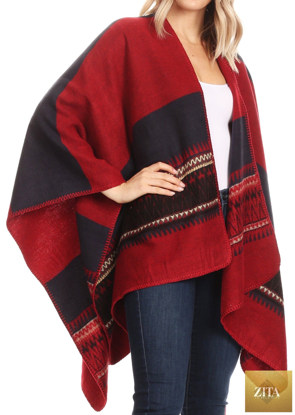 Sakkas Mari Women's Reversible Large Poncho Shawl Wrap Scarf Cape Ruana Blanket