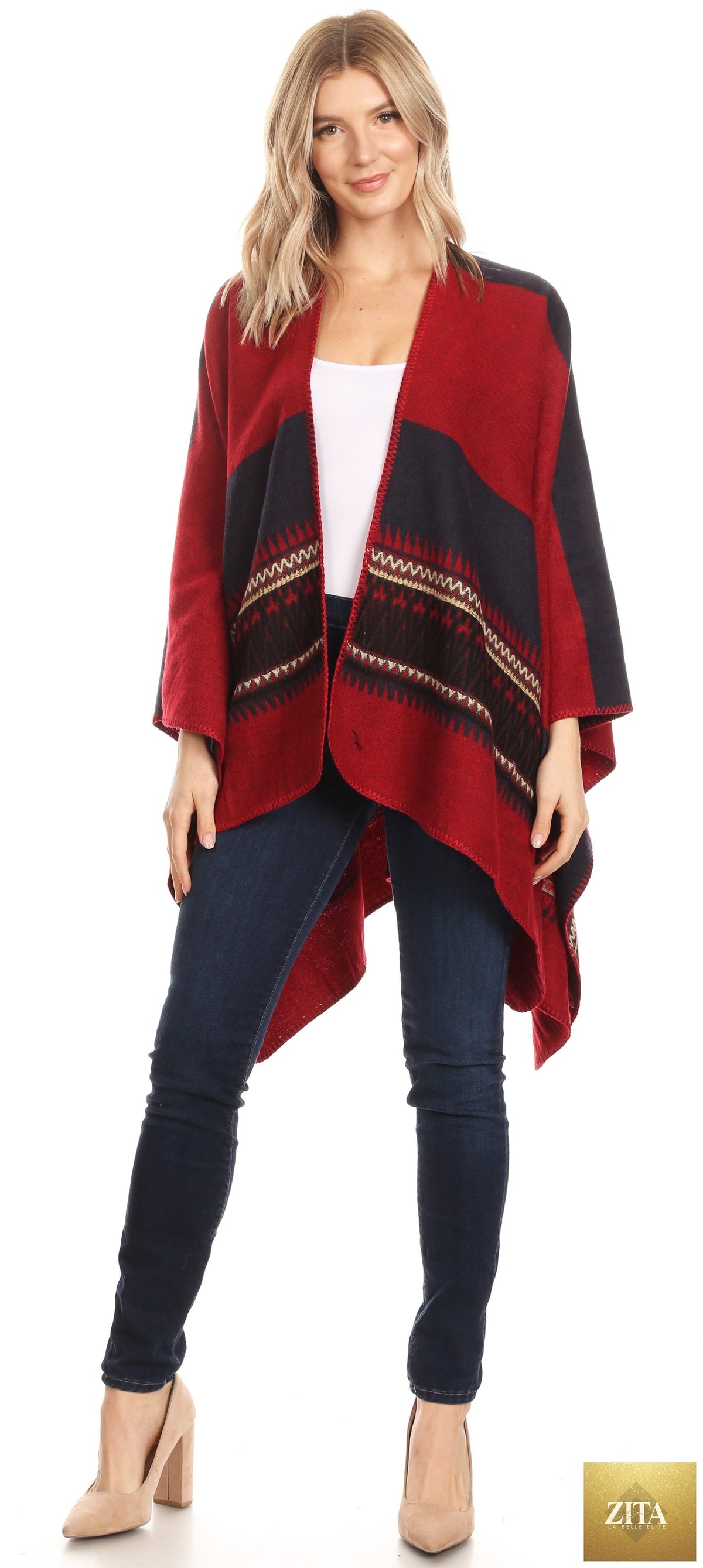 Sakkas Mari Women's Reversible Large Poncho Shawl Wrap Scarf Cape Ruana Blanket