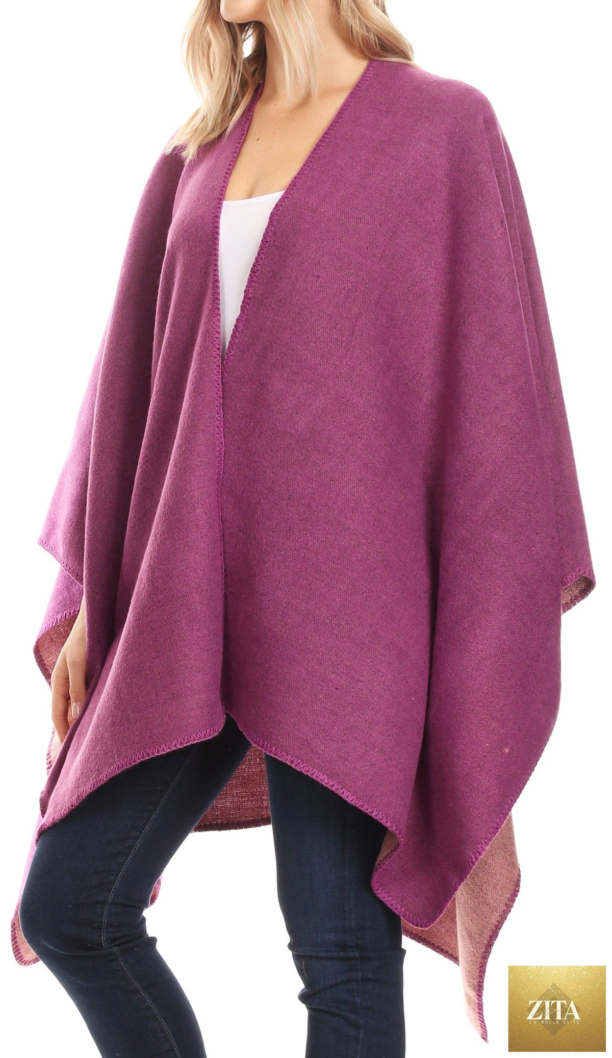 Sakkas Mari Women's Reversible Large Poncho Shawl Wrap Scarf Cape Ruana Blanket