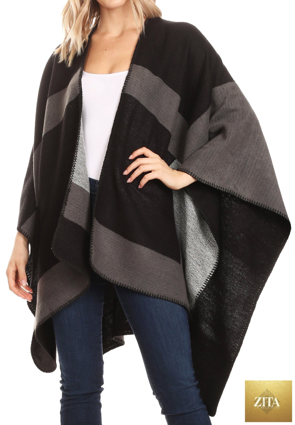 Sakkas Mari Women's Reversible Large Poncho Shawl Wrap Scarf Cape Ruana Blanket