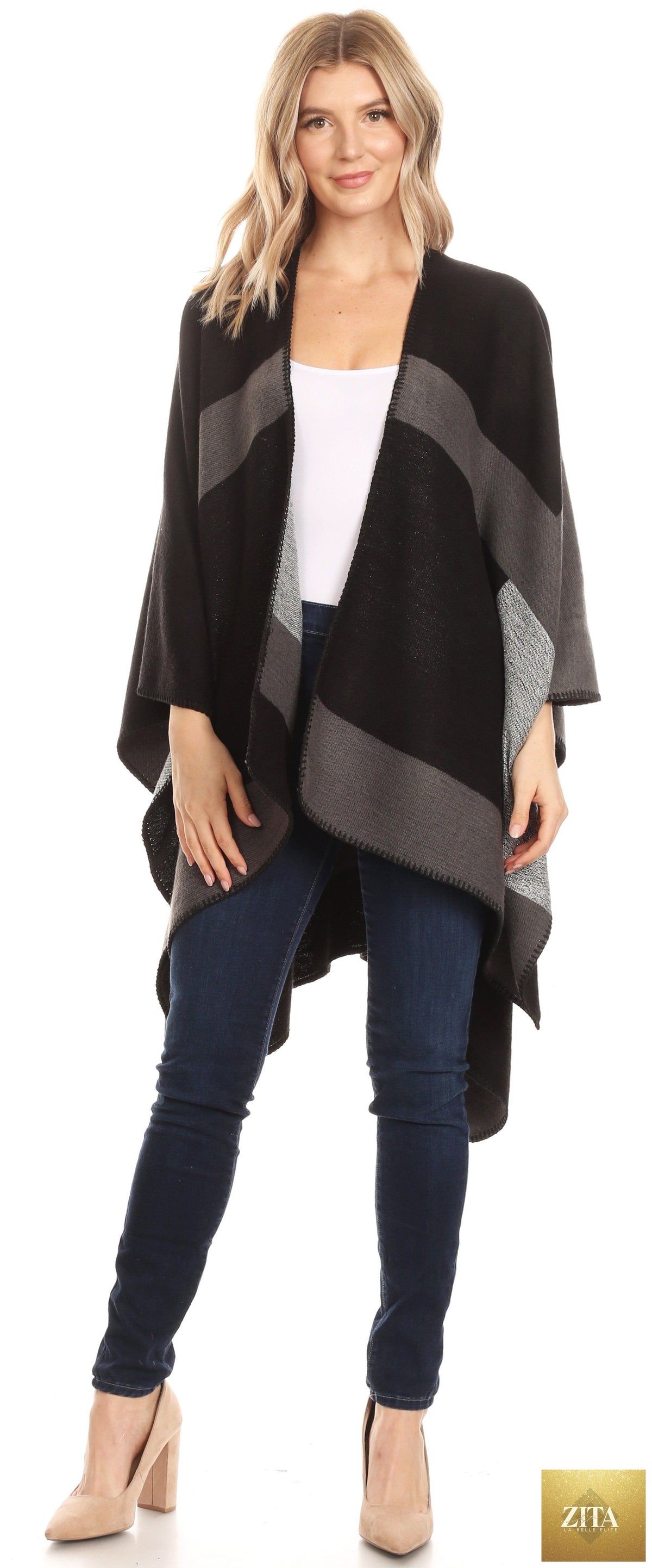 Sakkas Mari Women's Reversible Large Poncho Shawl Wrap Scarf Cape Ruana Blanket