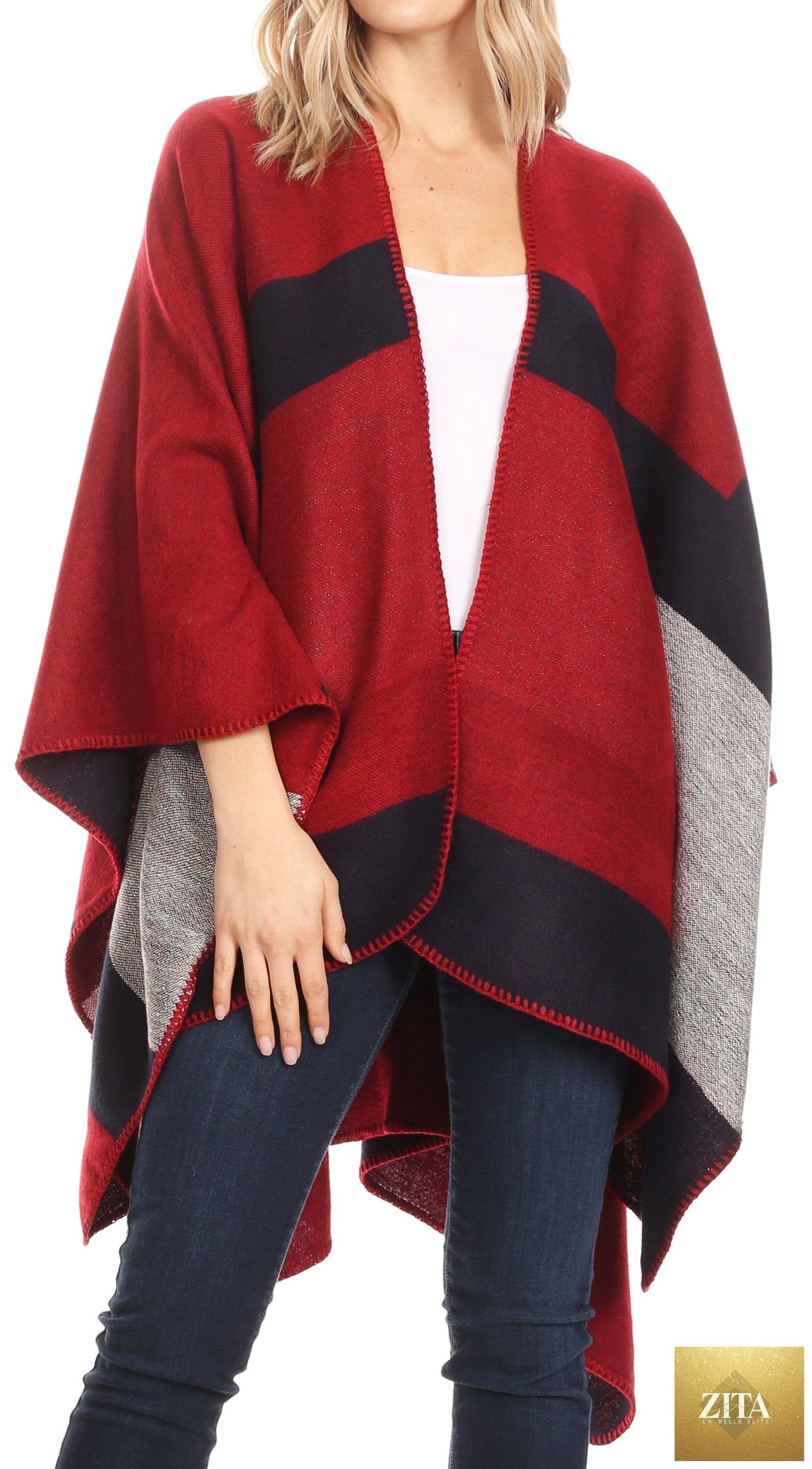 Sakkas Mari Women's Reversible Large Poncho Shawl Wrap Scarf Cape Ruana Blanket
