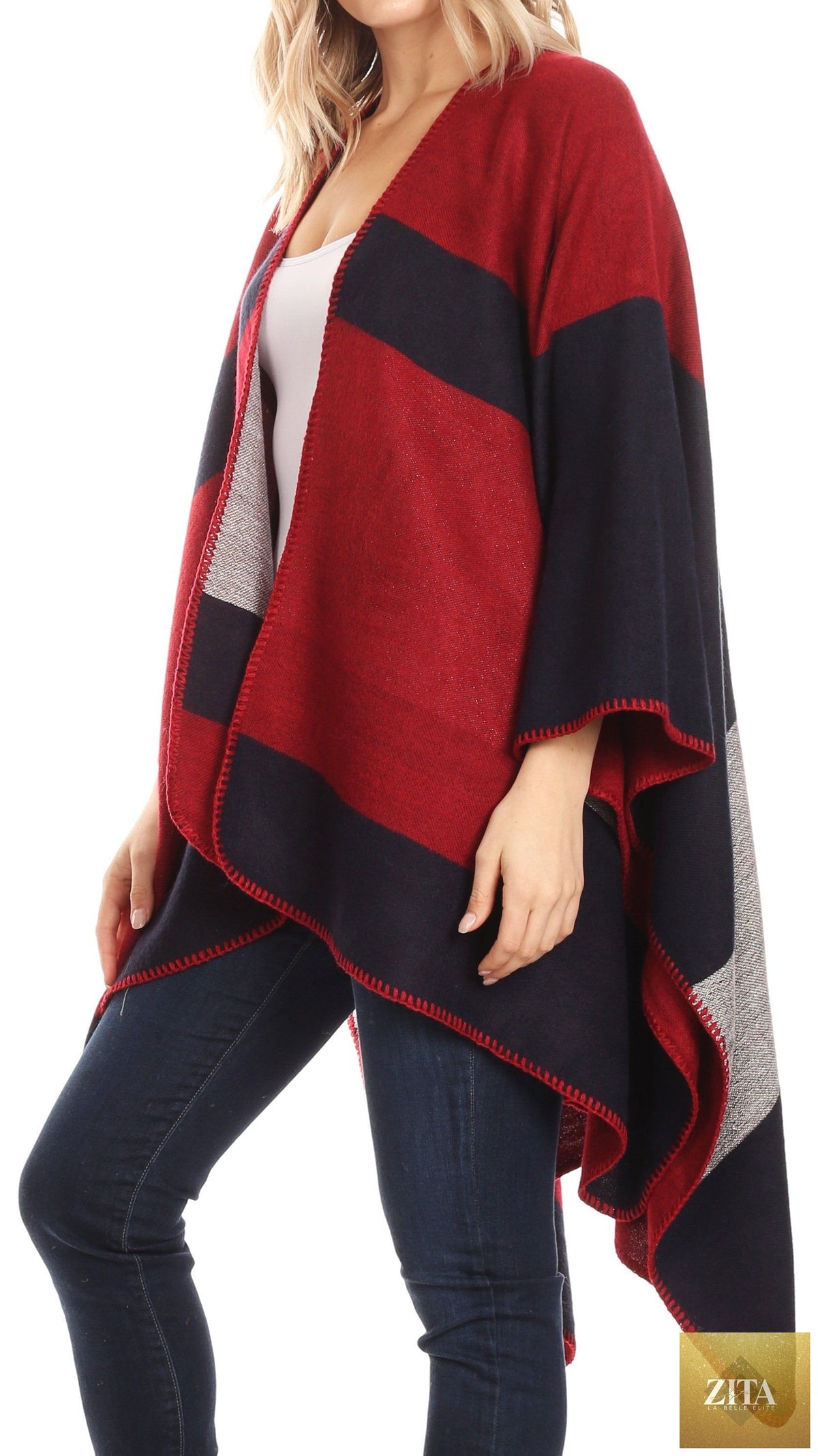 Sakkas Mari Women's Reversible Large Poncho Shawl Wrap Scarf Cape Ruana Blanket