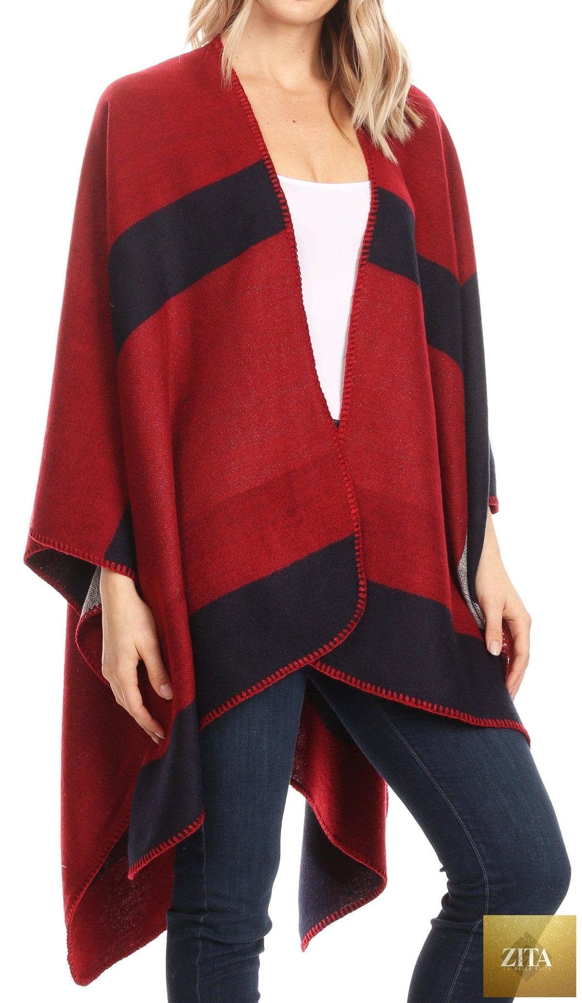 Sakkas Mari Women's Reversible Large Poncho Shawl Wrap Scarf Cape Ruana Blanket