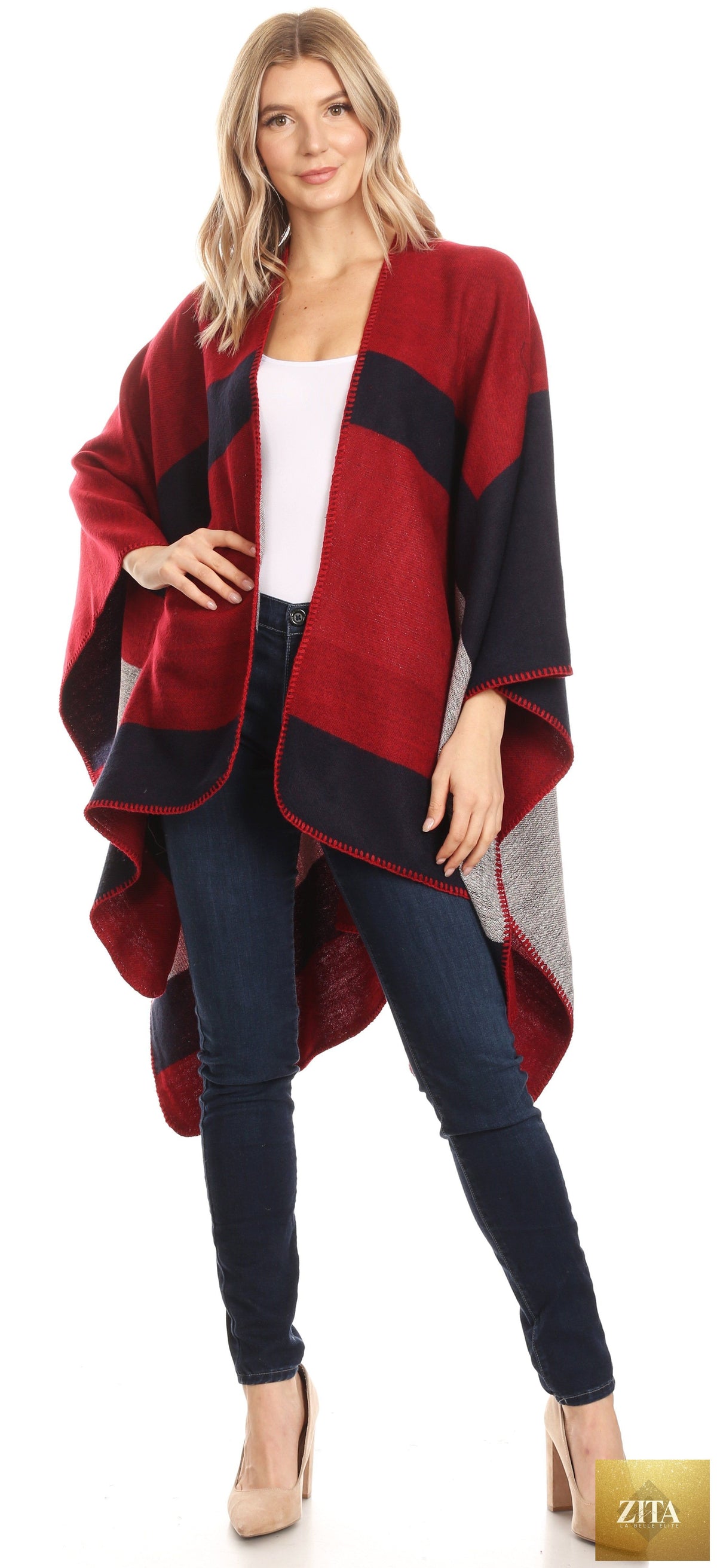 Sakkas Mari Women's Reversible Large Poncho Shawl Wrap Scarf Cape Ruana Blanket