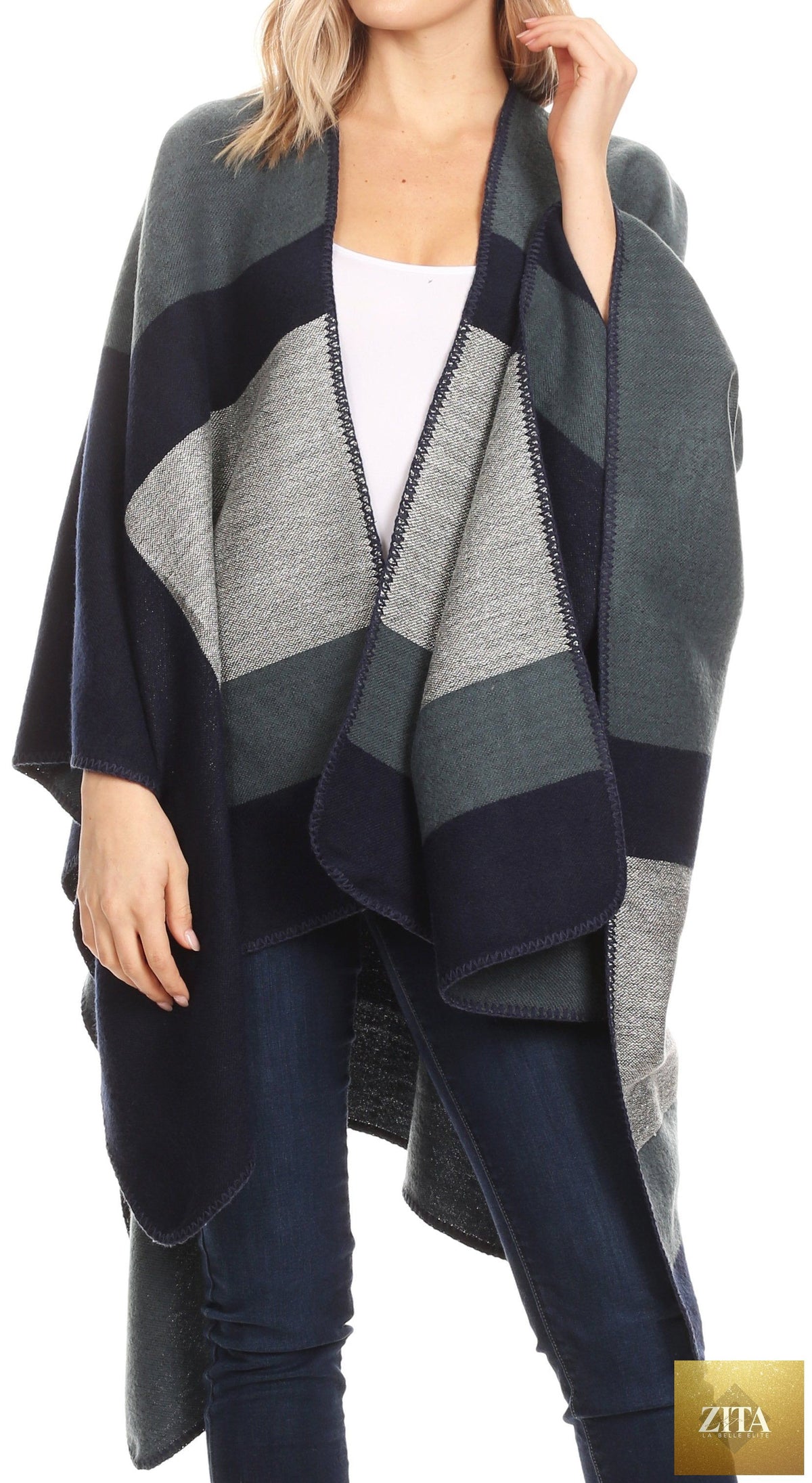 Sakkas Mari Women's Reversible Large Poncho Shawl Wrap Scarf Cape Ruana Blanket