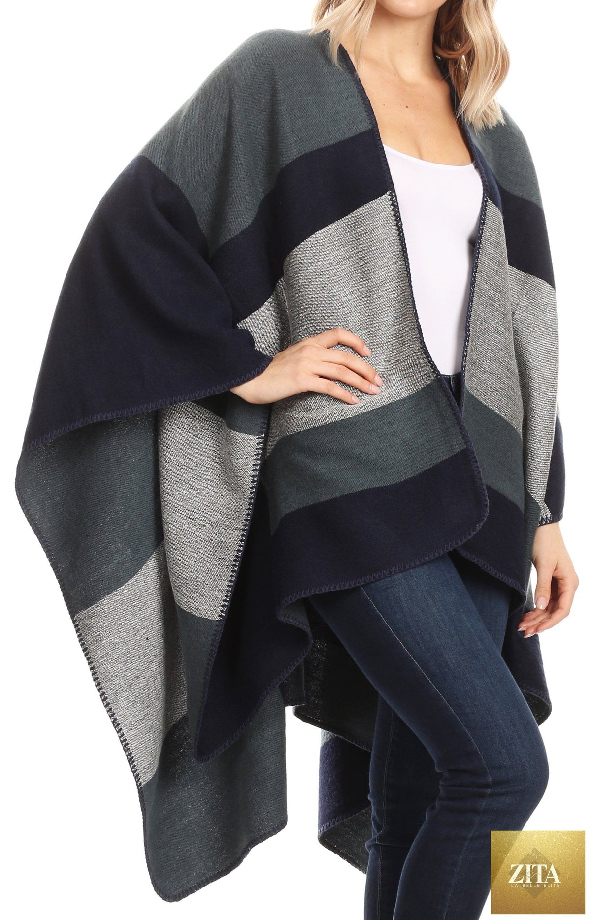 Sakkas Mari Women's Reversible Large Poncho Shawl Wrap Scarf Cape Ruana Blanket