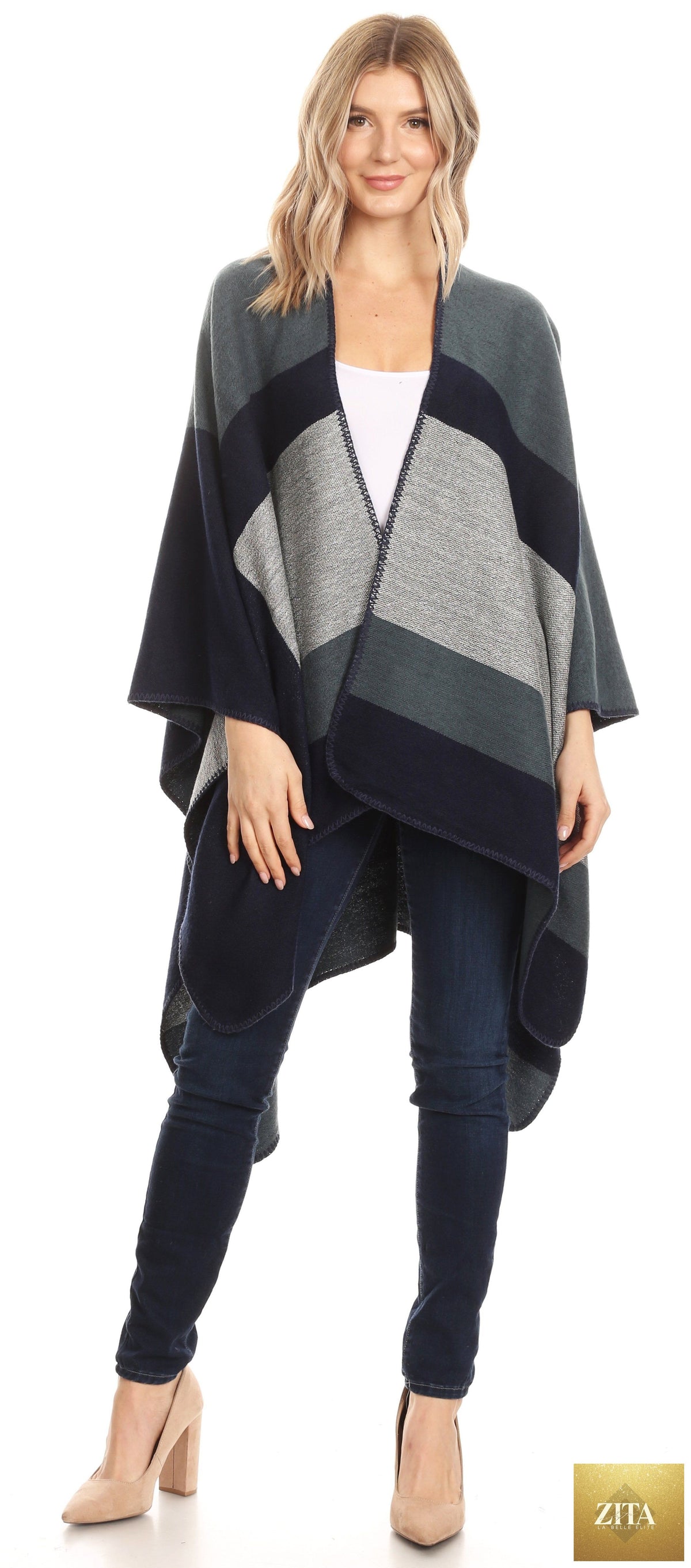 Sakkas Mari Women's Reversible Large Poncho Shawl Wrap Scarf Cape Ruana Blanket