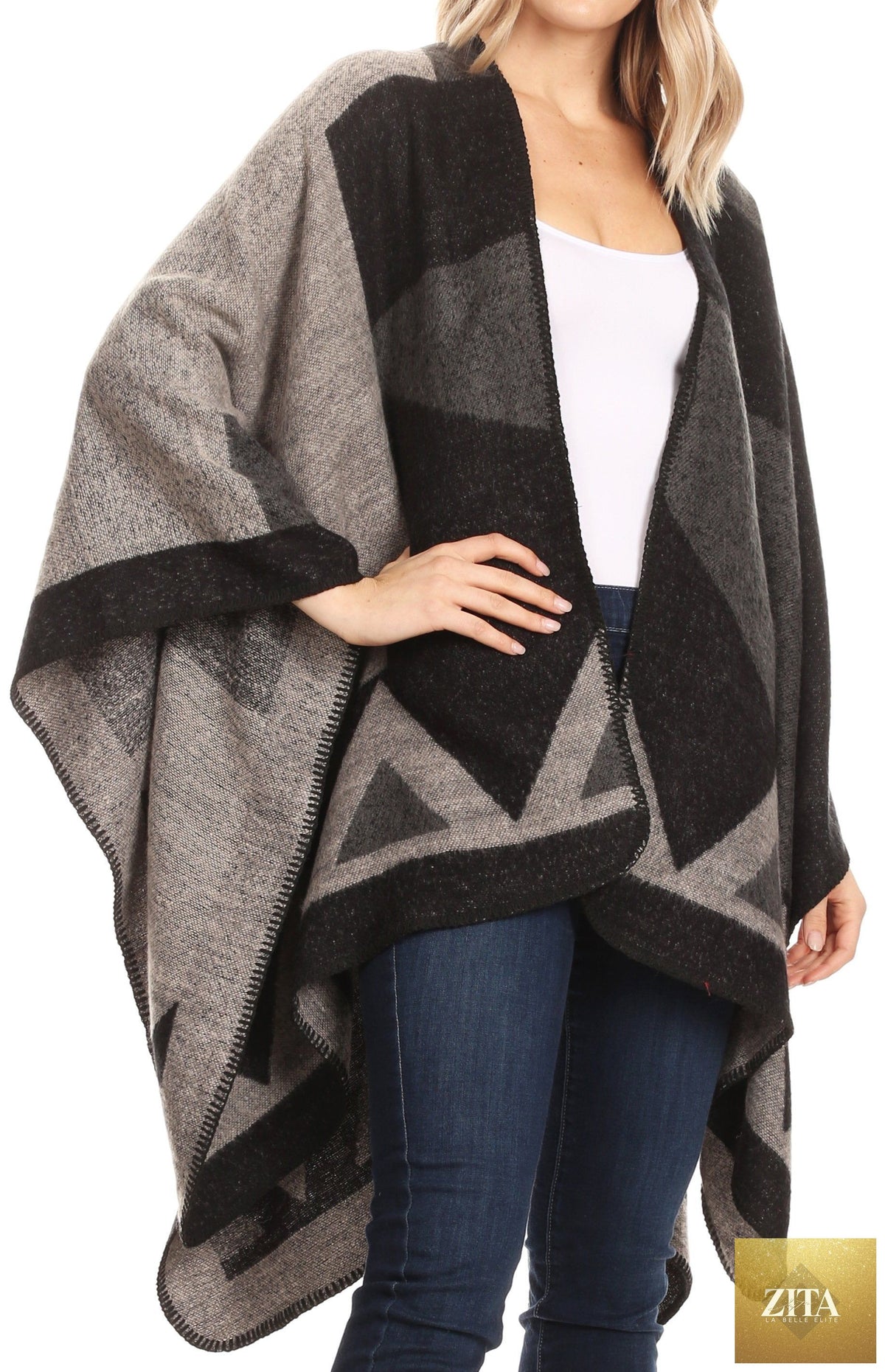 Sakkas Mari Women's Reversible Large Poncho Shawl Wrap Scarf Cape Ruana Blanket
