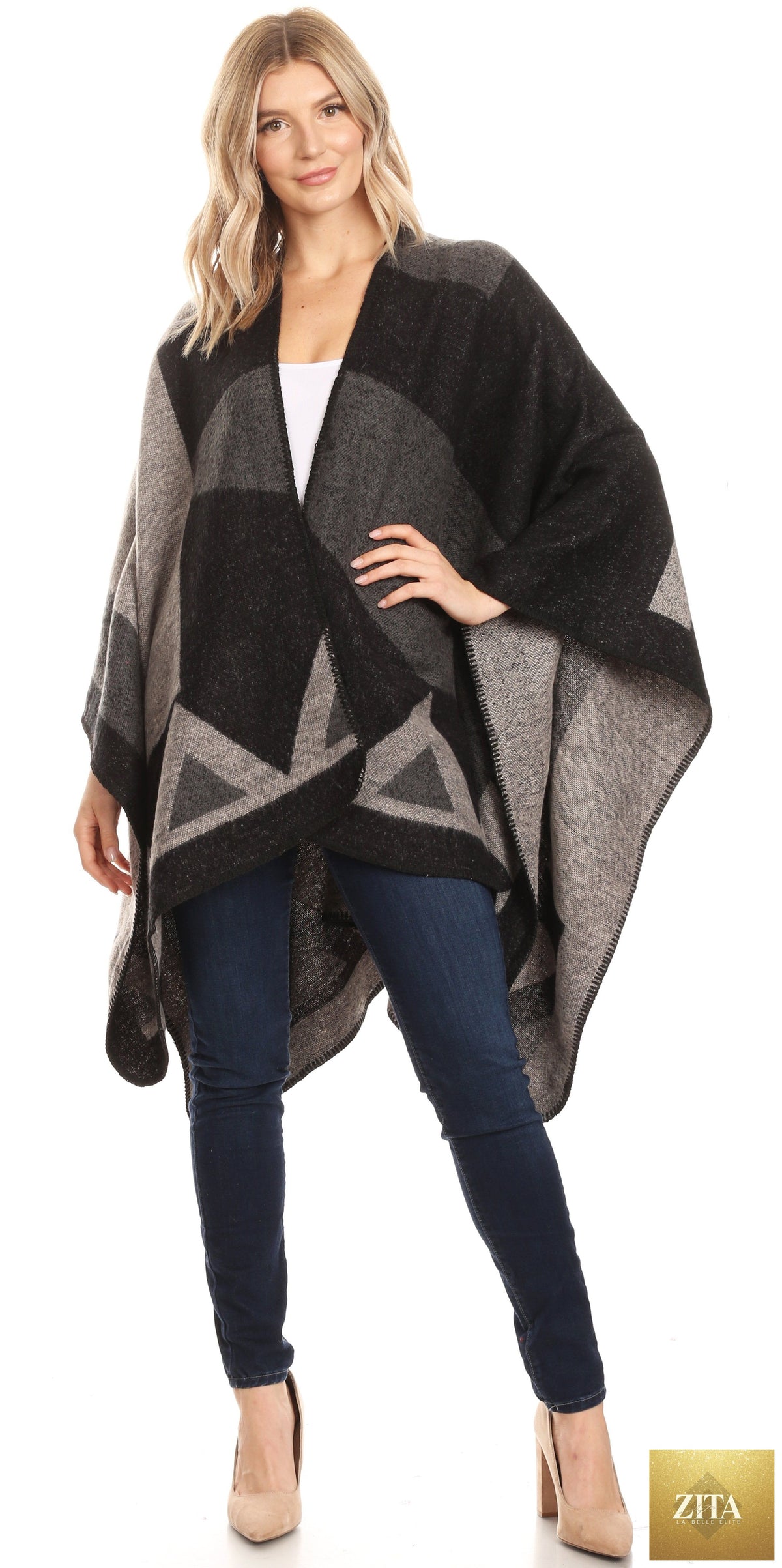 Sakkas Mari Women's Reversible Large Poncho Shawl Wrap Scarf Cape Ruana Blanket