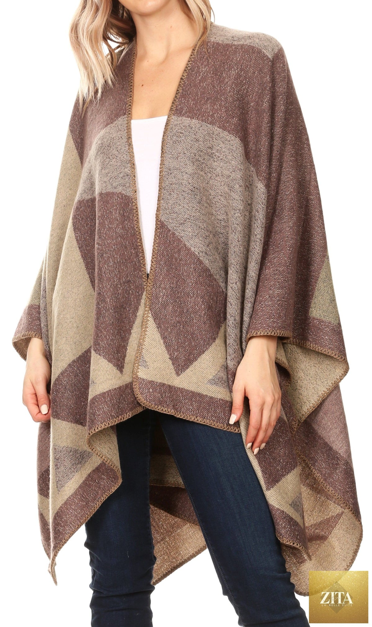 Sakkas Mari Women's Reversible Large Poncho Shawl Wrap Scarf Cape Ruana Blanket