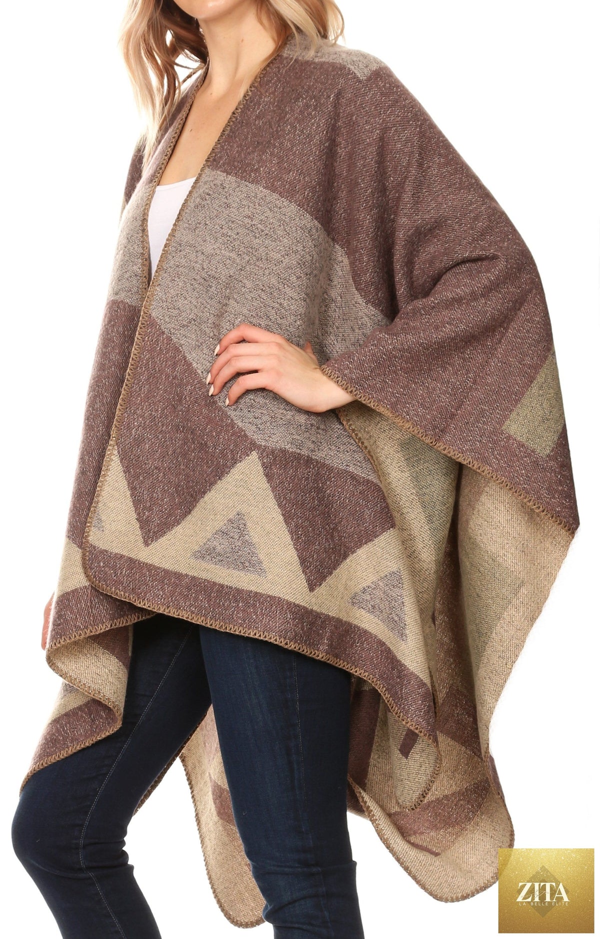 Sakkas Mari Women's Reversible Large Poncho Shawl Wrap Scarf Cape Ruana Blanket