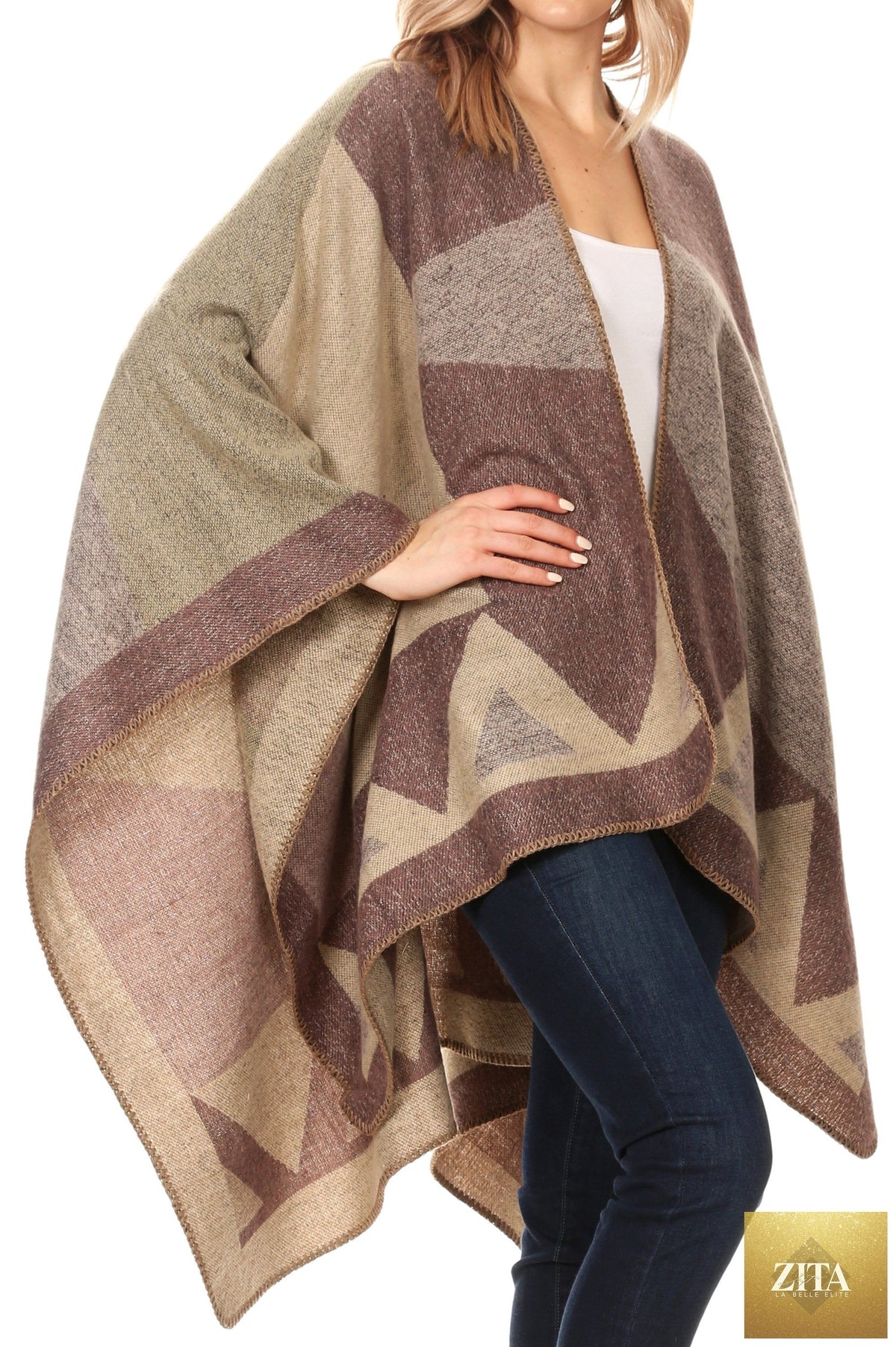 Sakkas Mari Women's Reversible Large Poncho Shawl Wrap Scarf Cape Ruana Blanket