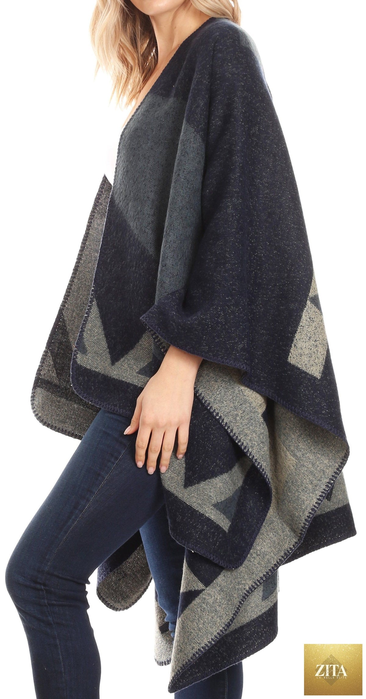 Sakkas Mari Women's Reversible Large Poncho Shawl Wrap Scarf Cape Ruana Blanket