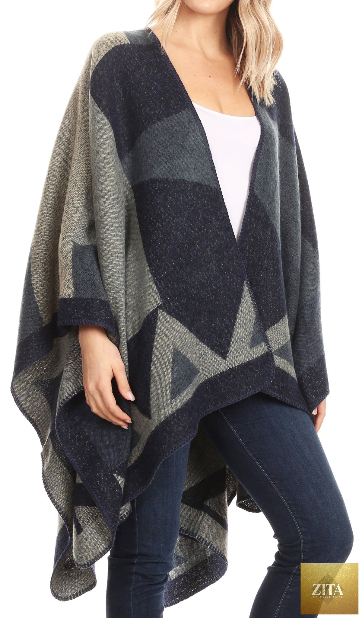 Sakkas Mari Women's Reversible Large Poncho Shawl Wrap Scarf Cape Ruana Blanket
