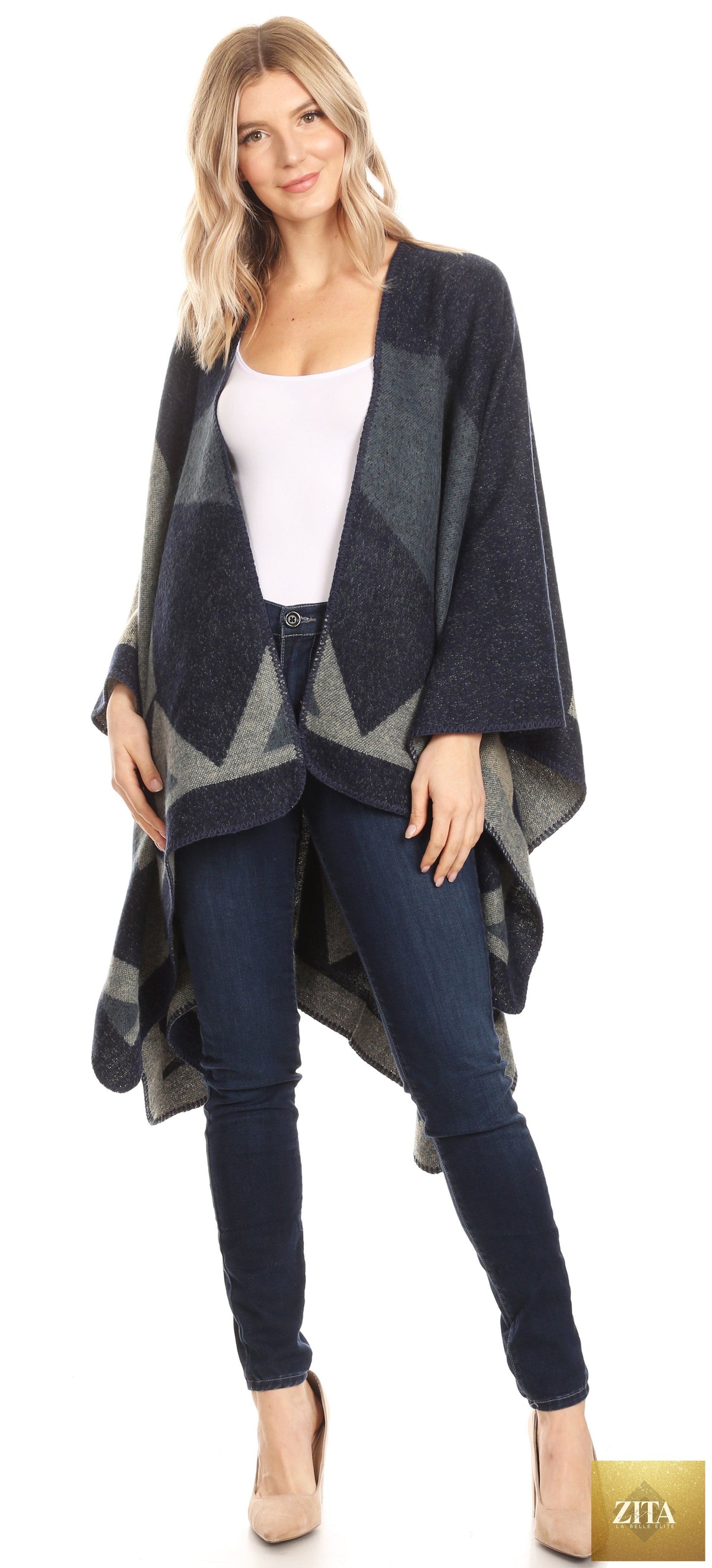 Sakkas Mari Women's Reversible Large Poncho Shawl Wrap Scarf Cape Ruana Blanket
