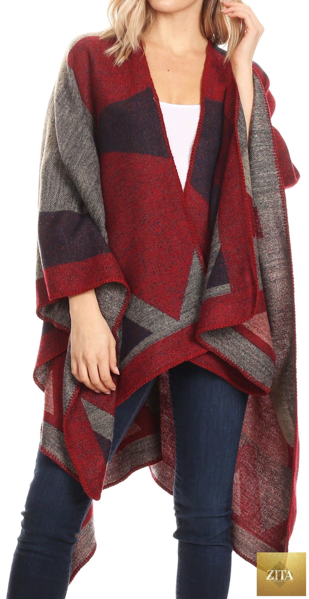 Sakkas Mari Women's Reversible Large Poncho Shawl Wrap Scarf Cape Ruana Blanket