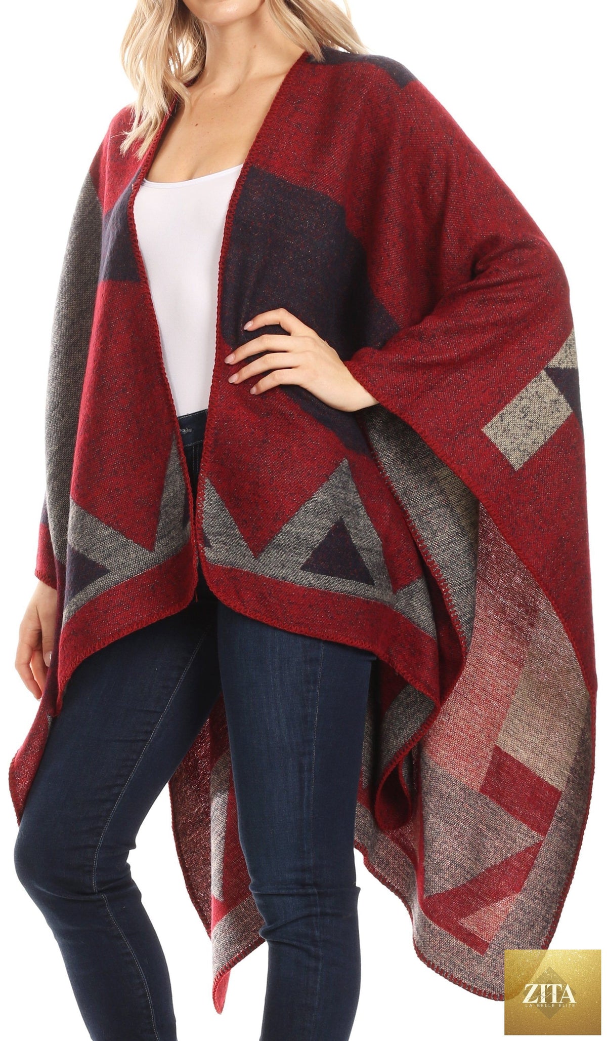 Sakkas Mari Women's Reversible Large Poncho Shawl Wrap Scarf Cape Ruana Blanket