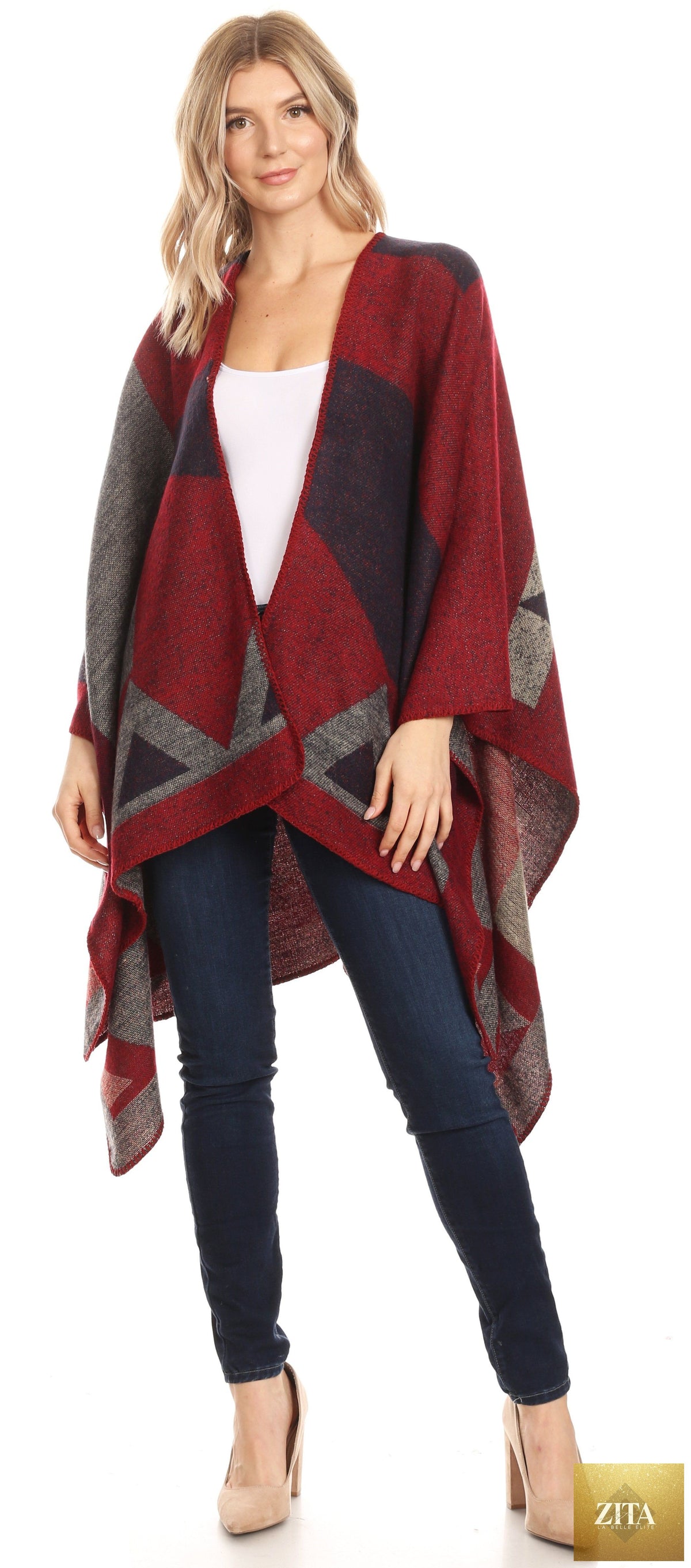 Sakkas Mari Women's Reversible Large Poncho Shawl Wrap Scarf Cape Ruana Blanket