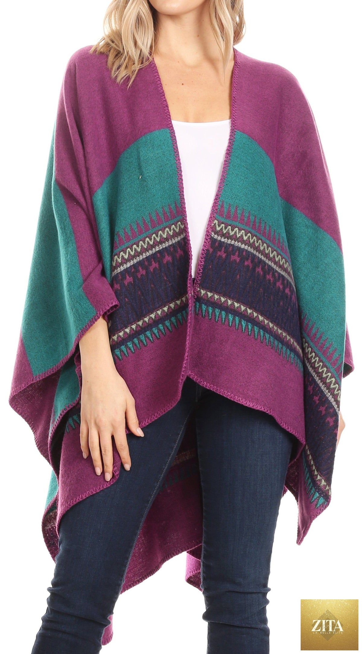 Sakkas Mari Women's Reversible Large Poncho Shawl Wrap Scarf Cape Ruana Blanket