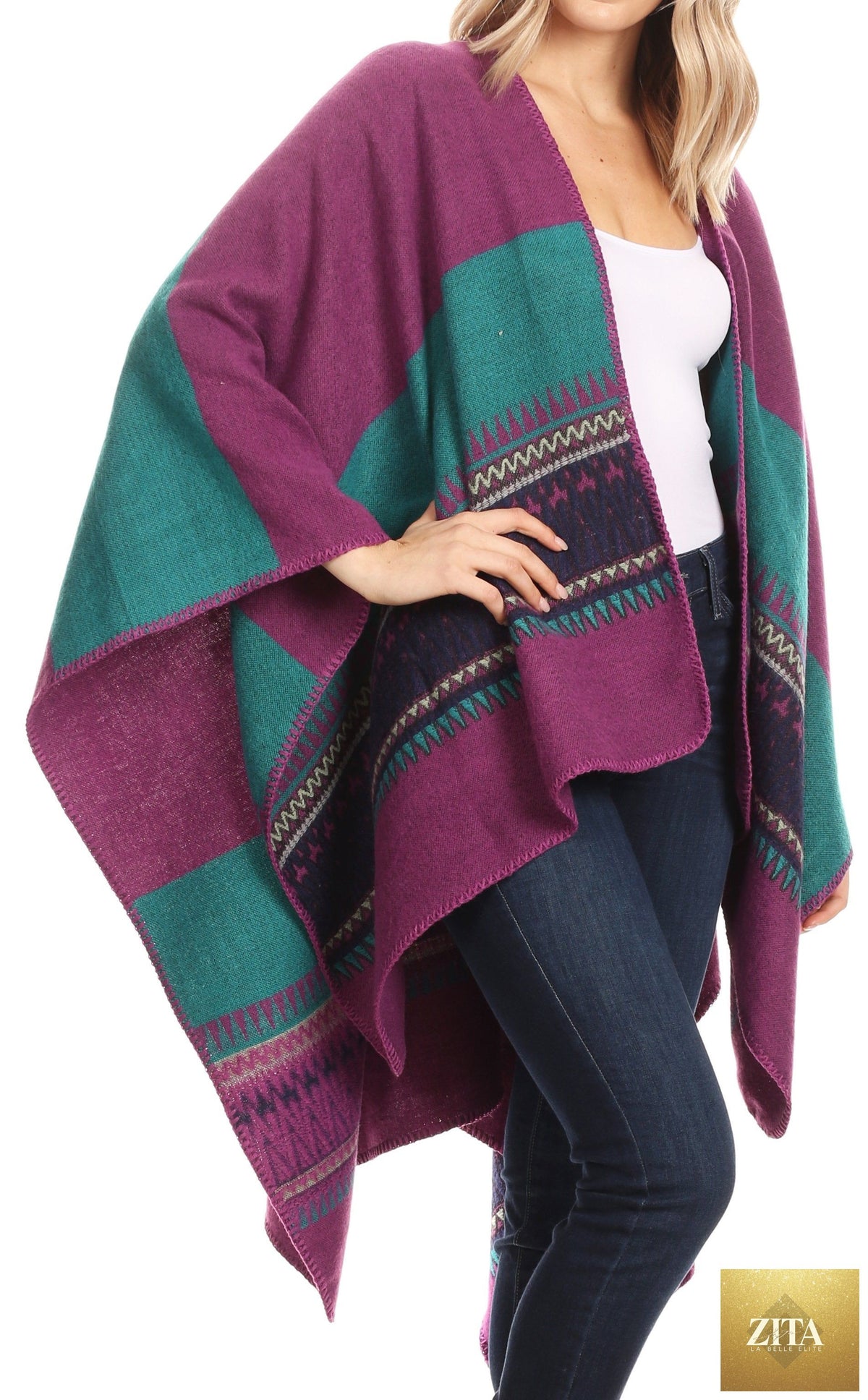 Sakkas Mari Women's Reversible Large Poncho Shawl Wrap Scarf Cape Ruana Blanket