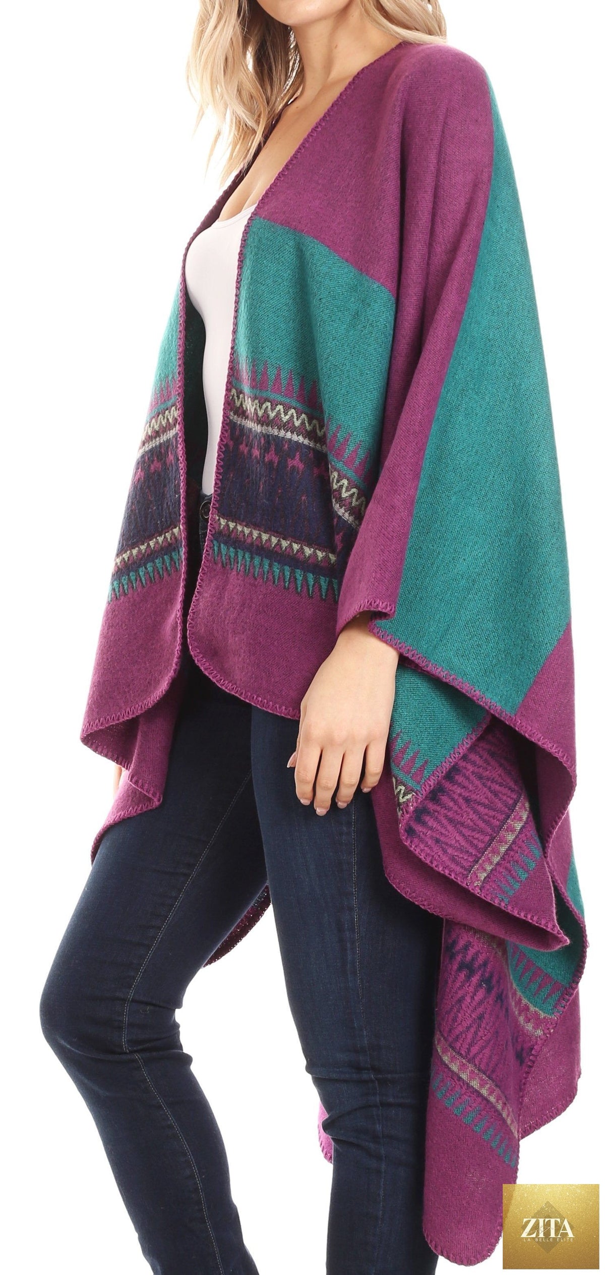 Sakkas Mari Women's Reversible Large Poncho Shawl Wrap Scarf Cape Ruana Blanket