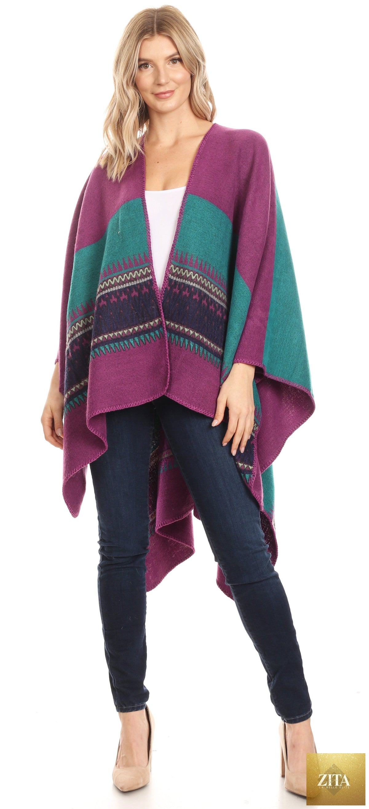 Sakkas Mari Women's Reversible Large Poncho Shawl Wrap Scarf Cape Ruana Blanket