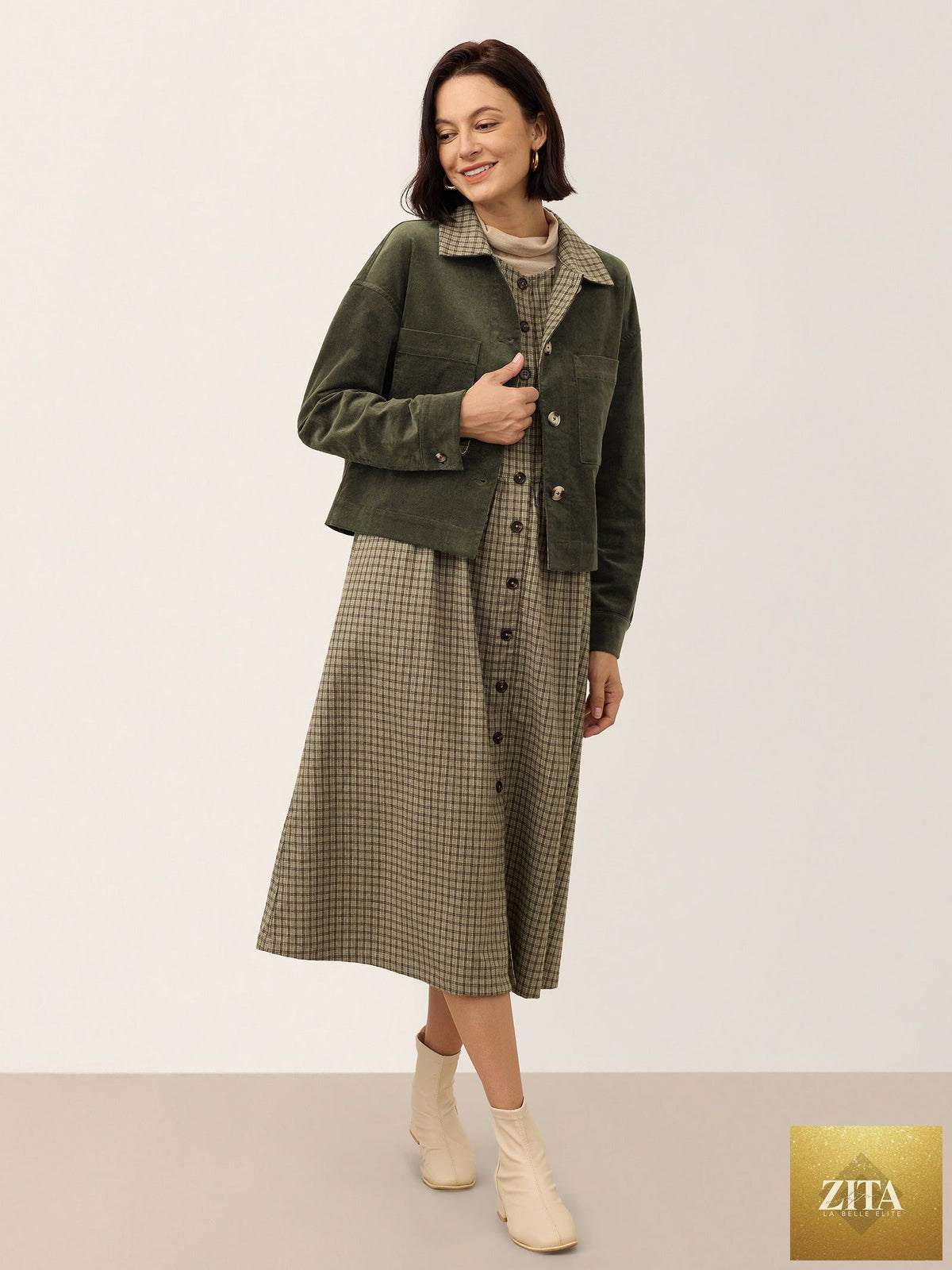 Cotton Lyocell Contrast Check Collar Cropped Jacket FLORENZA