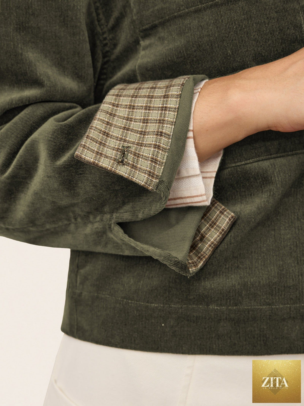 Cotton Lyocell Contrast Check Collar Cropped Jacket FLORENZA