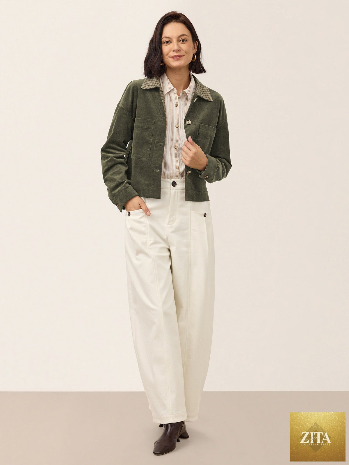 Cotton Lyocell Contrast Check Collar Cropped Jacket FLORENZA