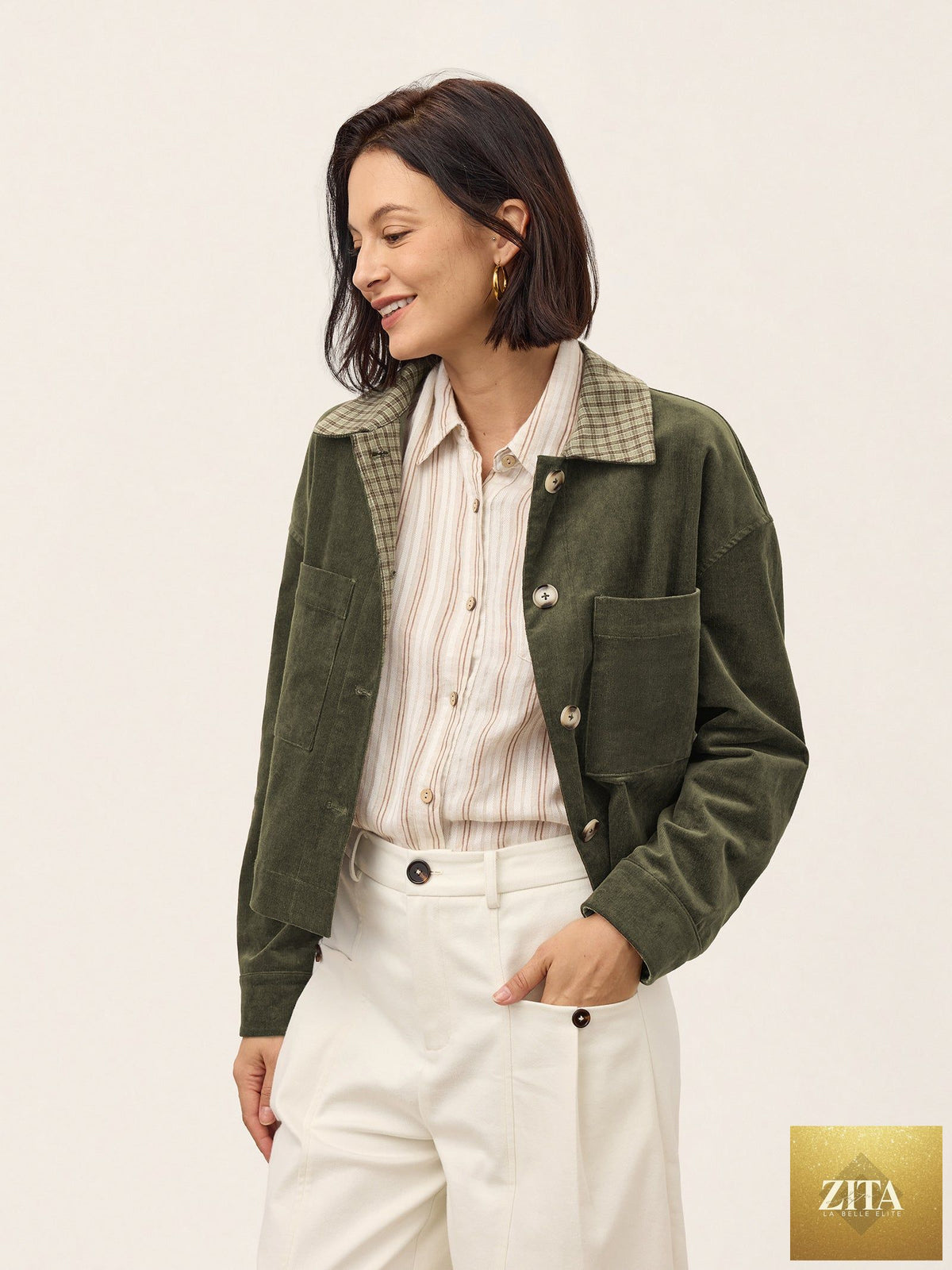 Cotton Lyocell Contrast Check Collar Cropped Jacket FLORENZA