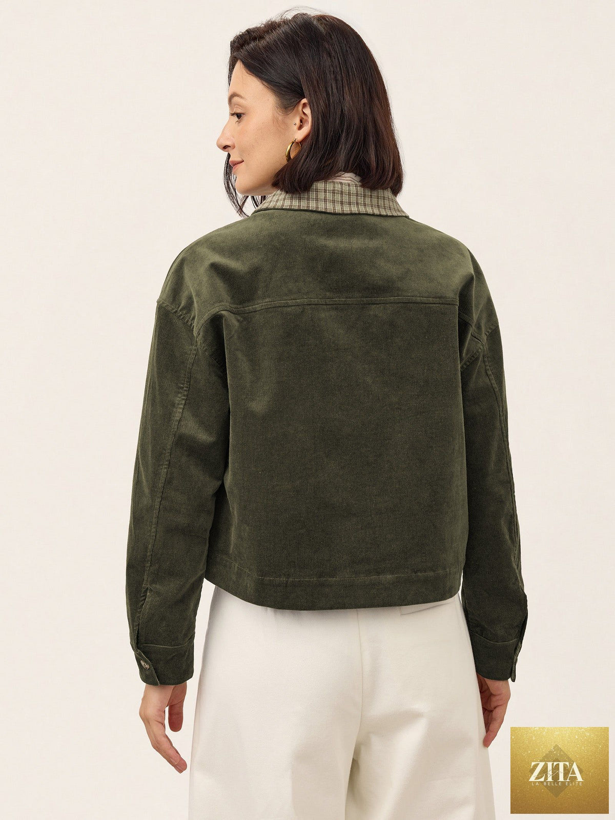 Cotton Lyocell Contrast Check Collar Cropped Jacket FLORENZA