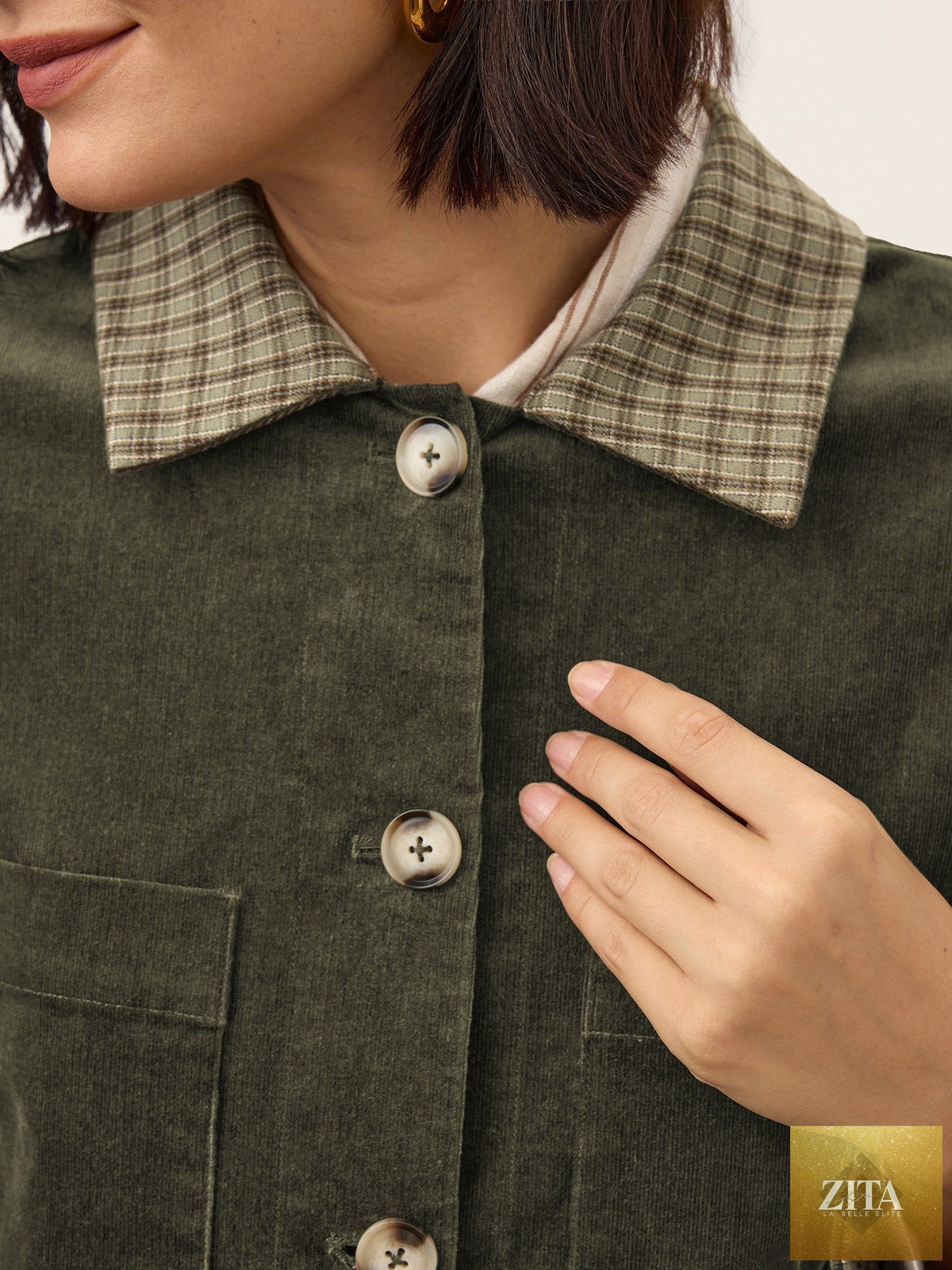 Cotton Lyocell Contrast Check Collar Cropped Jacket FLORENZA