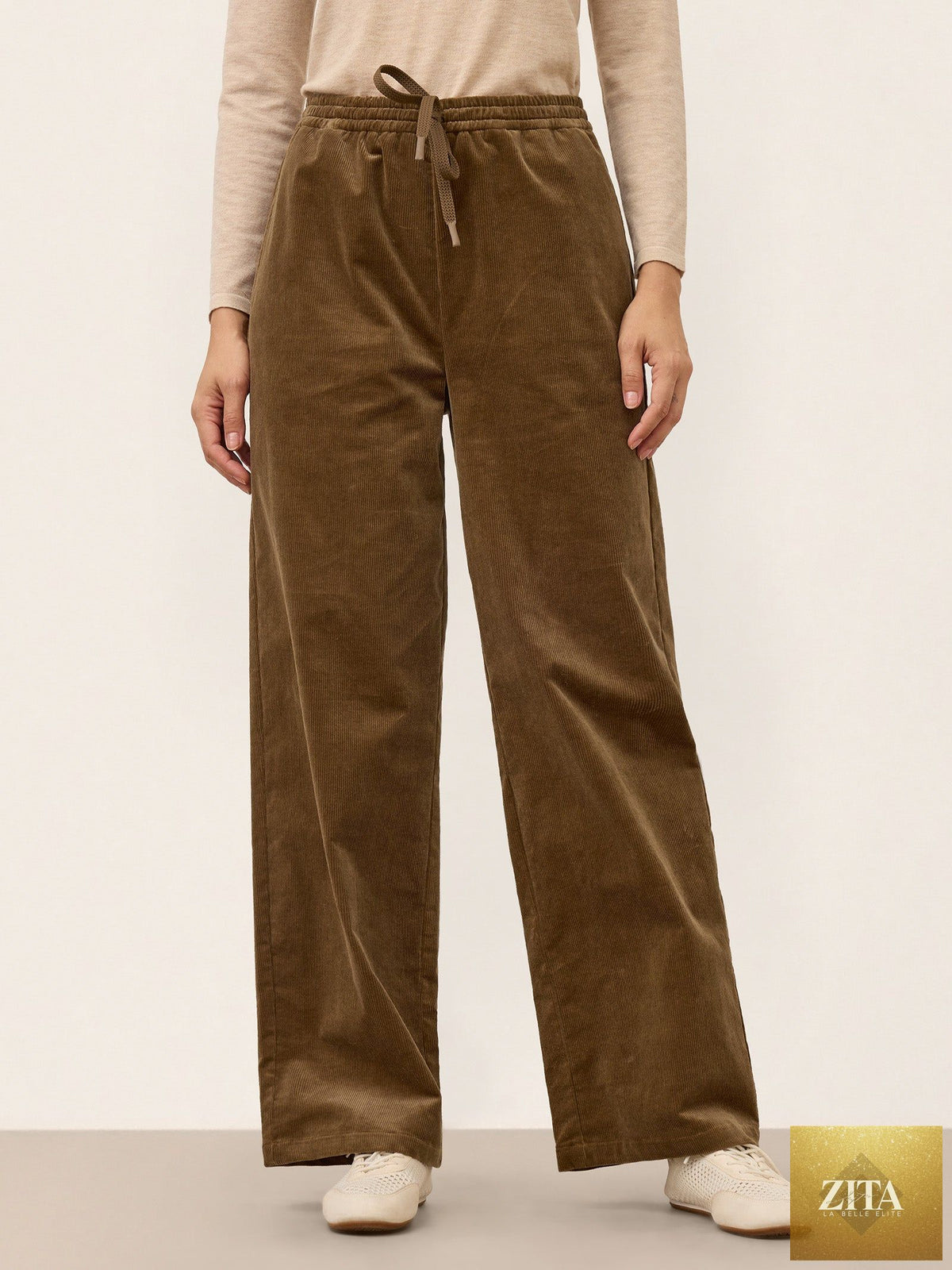 Cotton Corduroy Drawstring Waist Straight Leg Pants ALORA
