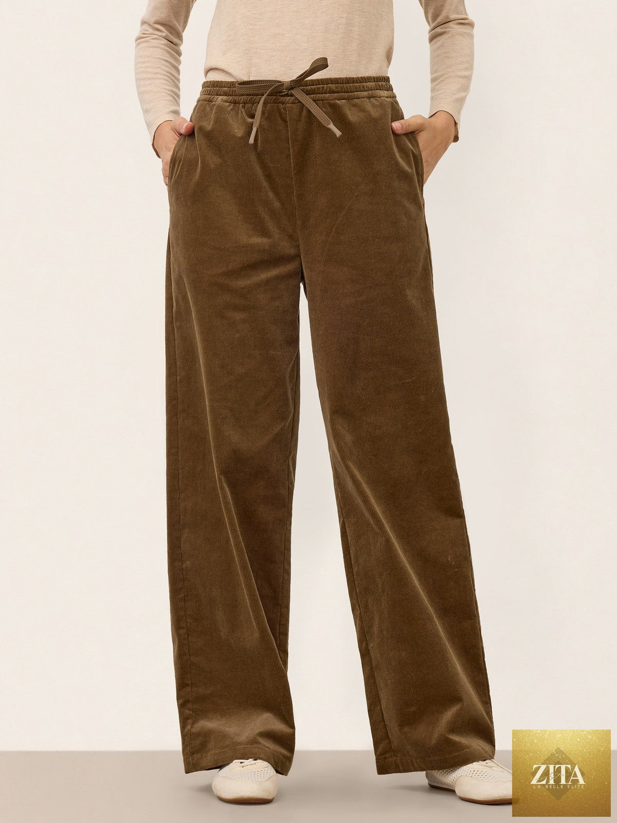 Cotton Corduroy Drawstring Waist Straight Leg Pants ALORA