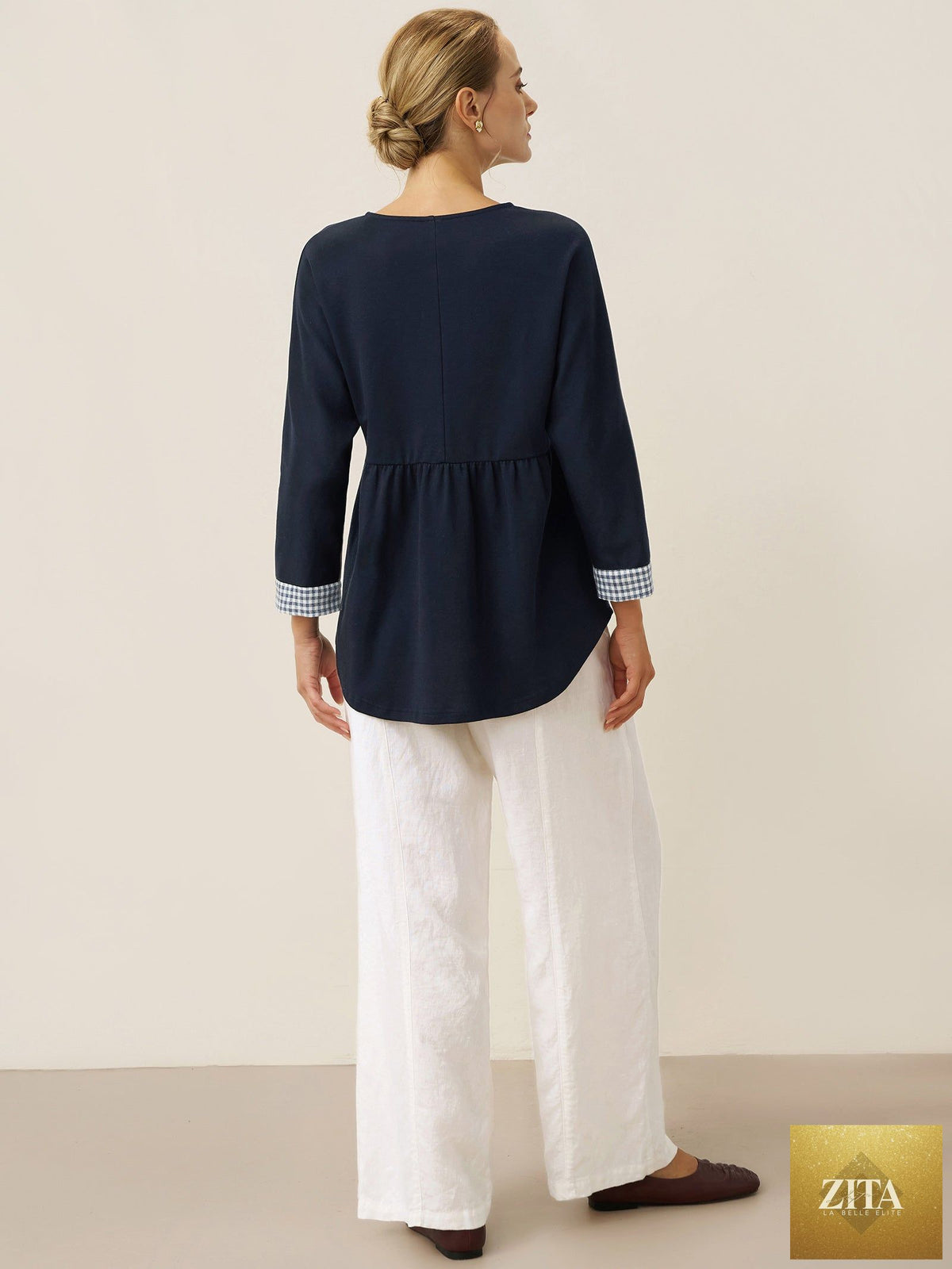 Organic Cotton Patchwork Cuff Button Decor Top AUDREY