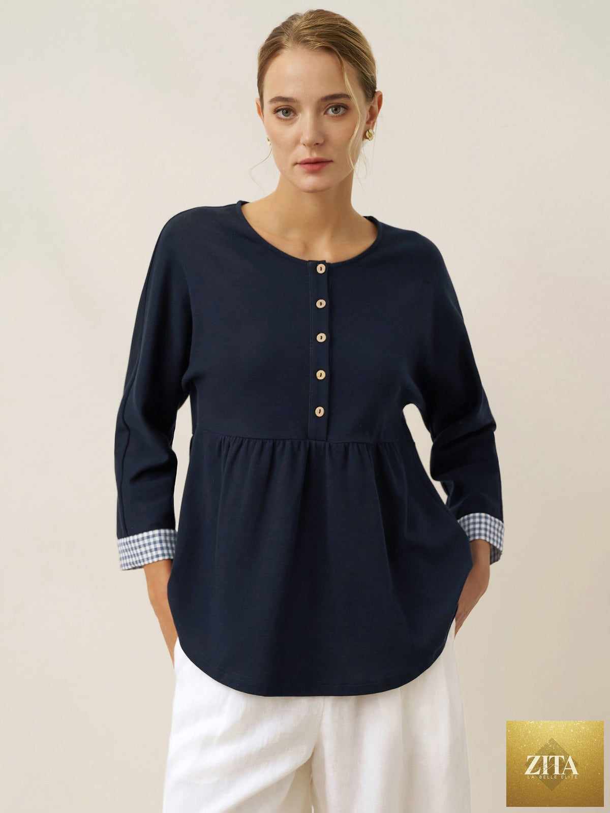 Organic Cotton Patchwork Cuff Button Decor Top AUDREY