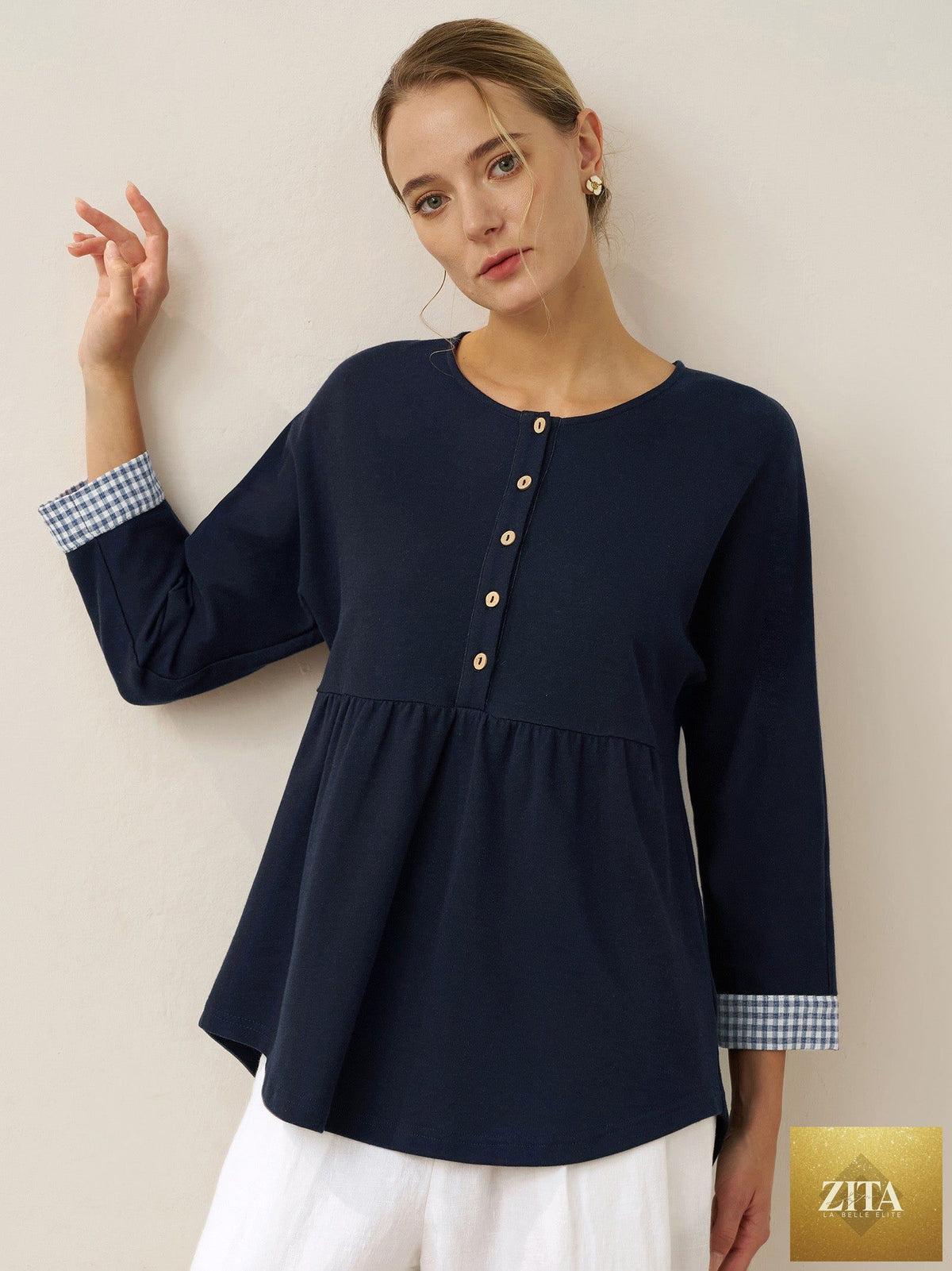 Organic Cotton Patchwork Cuff Button Decor Top AUDREY