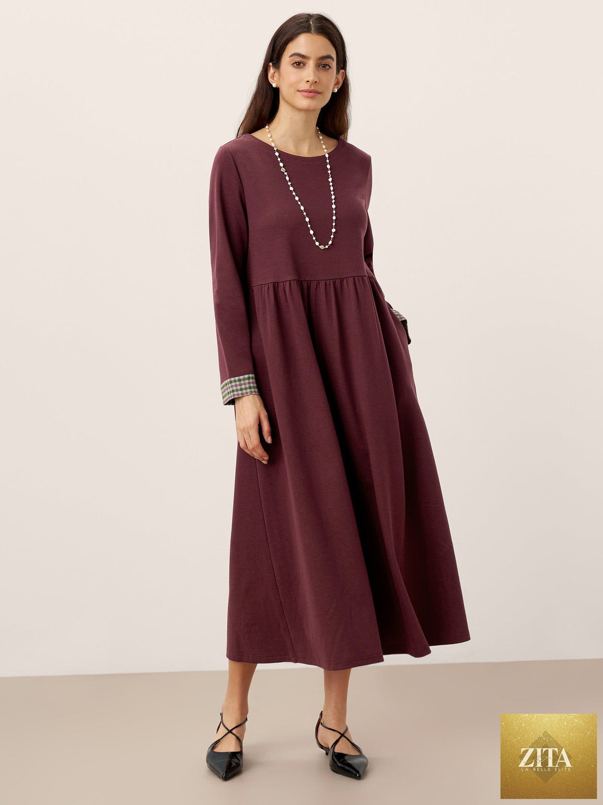 Organic Cotton Patchwork Cuff Crew Neck Casual Midi Dress SCARLETT