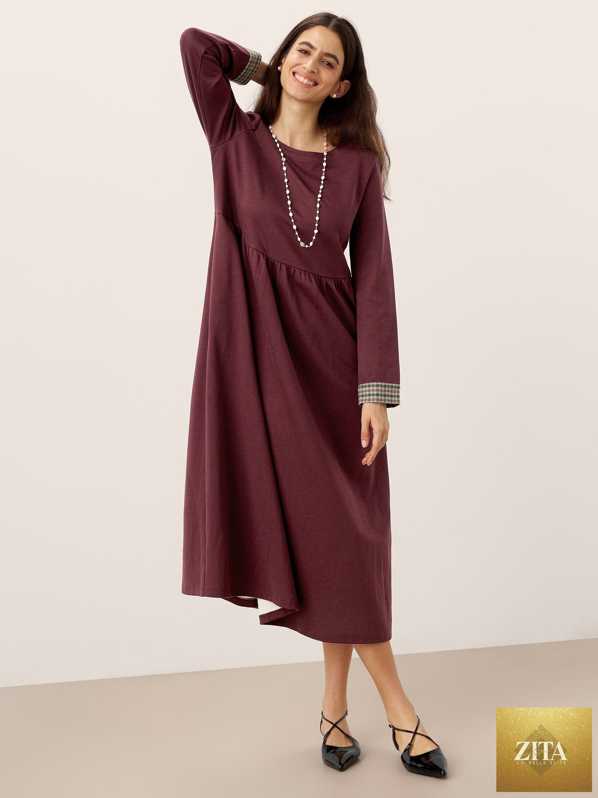 Organic Cotton Patchwork Cuff Crew Neck Casual Midi Dress SCARLETT