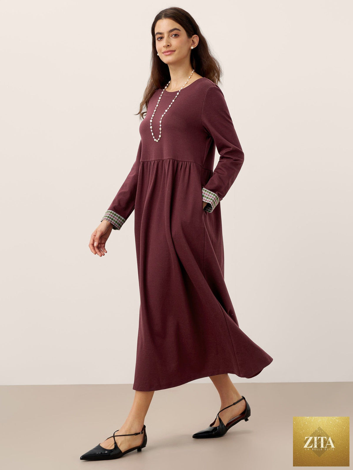Organic Cotton Patchwork Cuff Crew Neck Casual Midi Dress SCARLETT