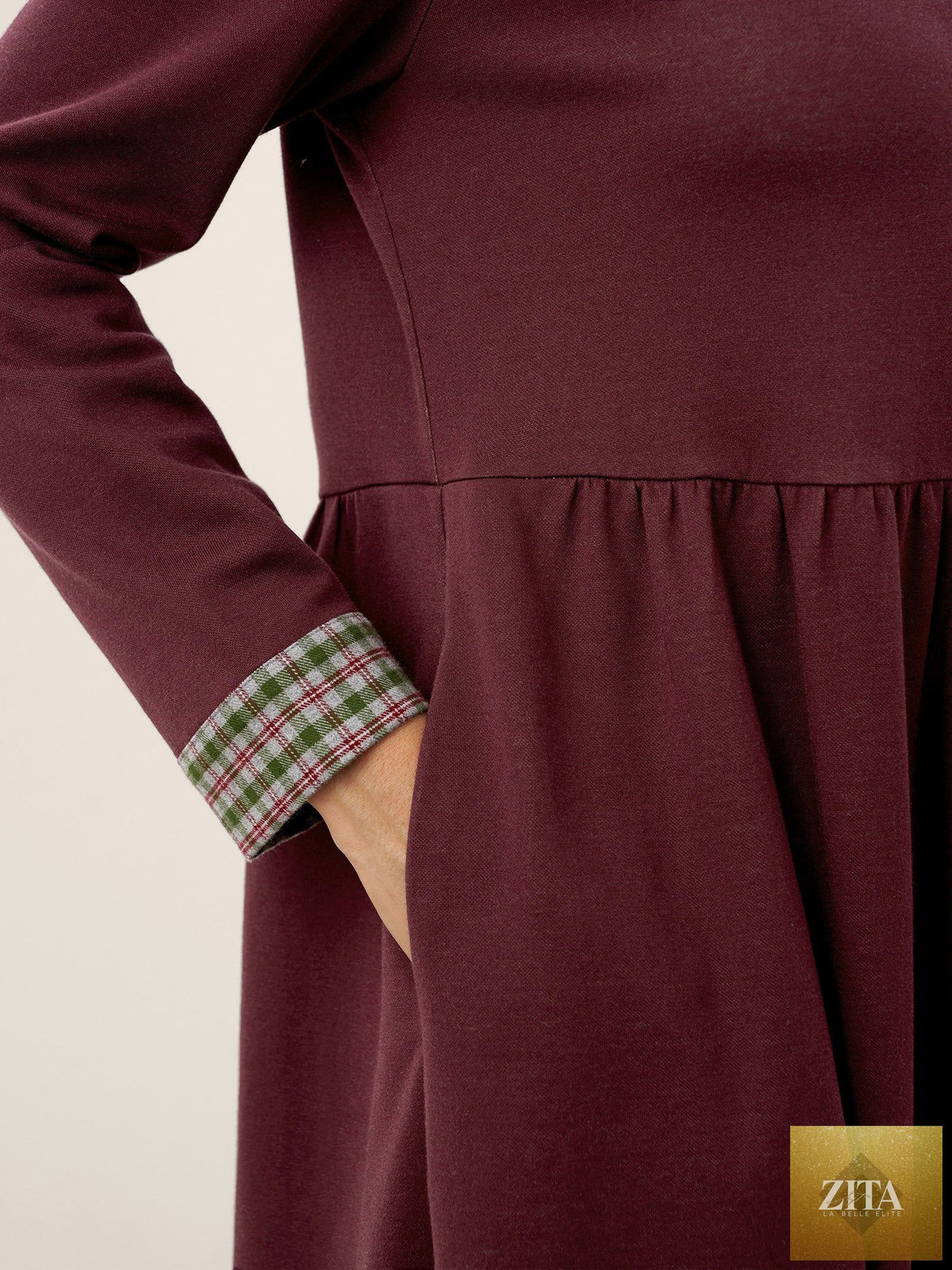 Organic Cotton Patchwork Cuff Crew Neck Casual Midi Dress SCARLETT