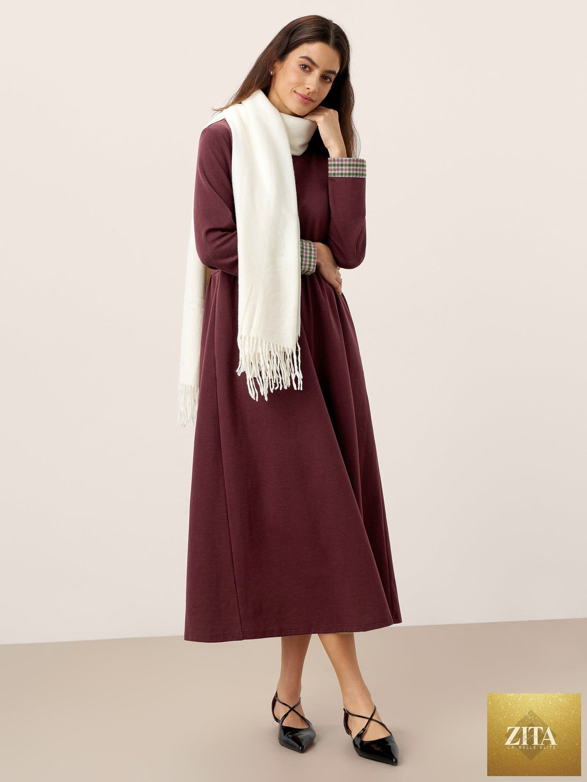 Organic Cotton Patchwork Cuff Crew Neck Casual Midi Dress SCARLETT