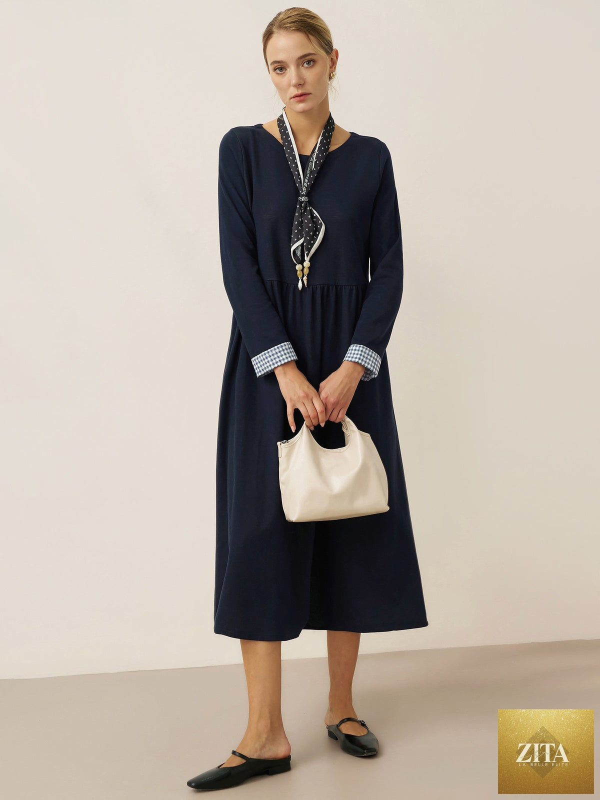 Organic Cotton Patchwork Cuff Crew Neck Casual Midi Dress SCARLETT
