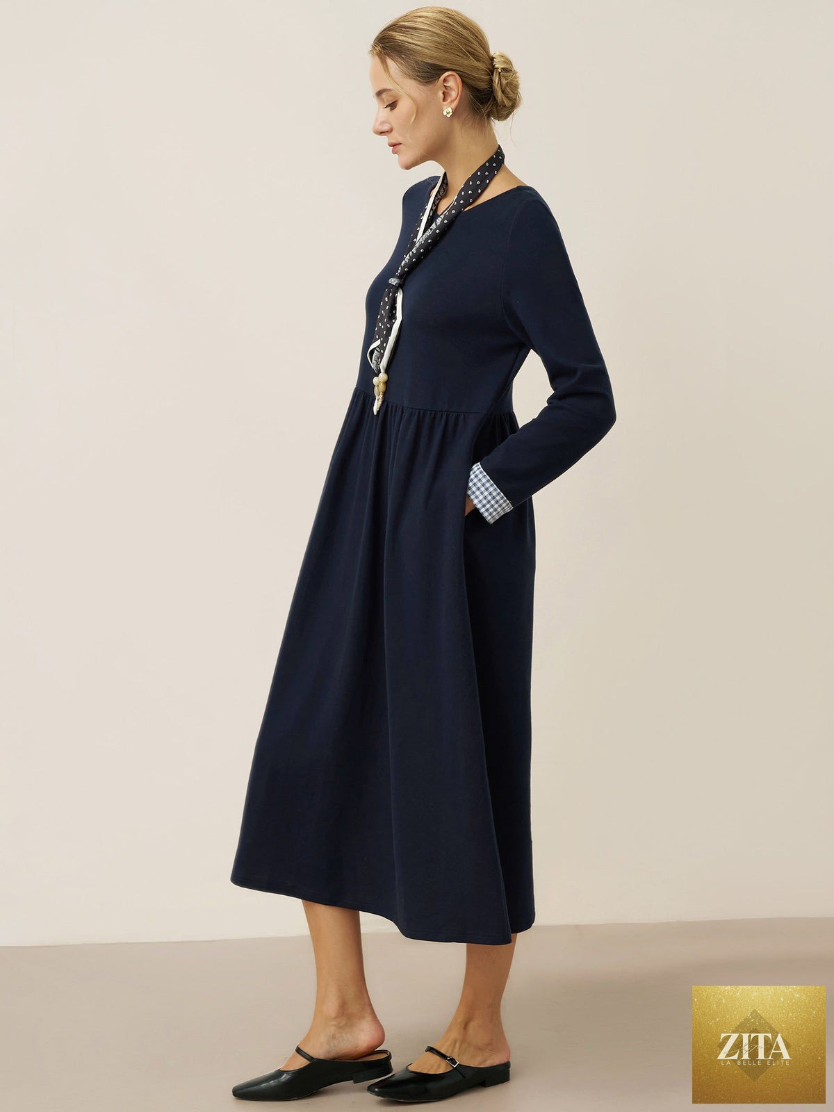 Organic Cotton Patchwork Cuff Crew Neck Casual Midi Dress SCARLETT