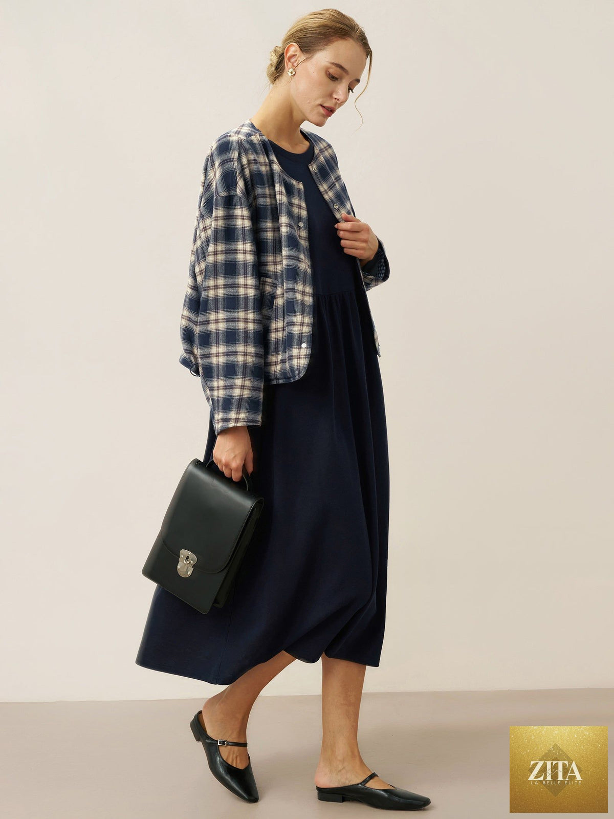 Organic Cotton Patchwork Cuff Crew Neck Casual Midi Dress SCARLETT