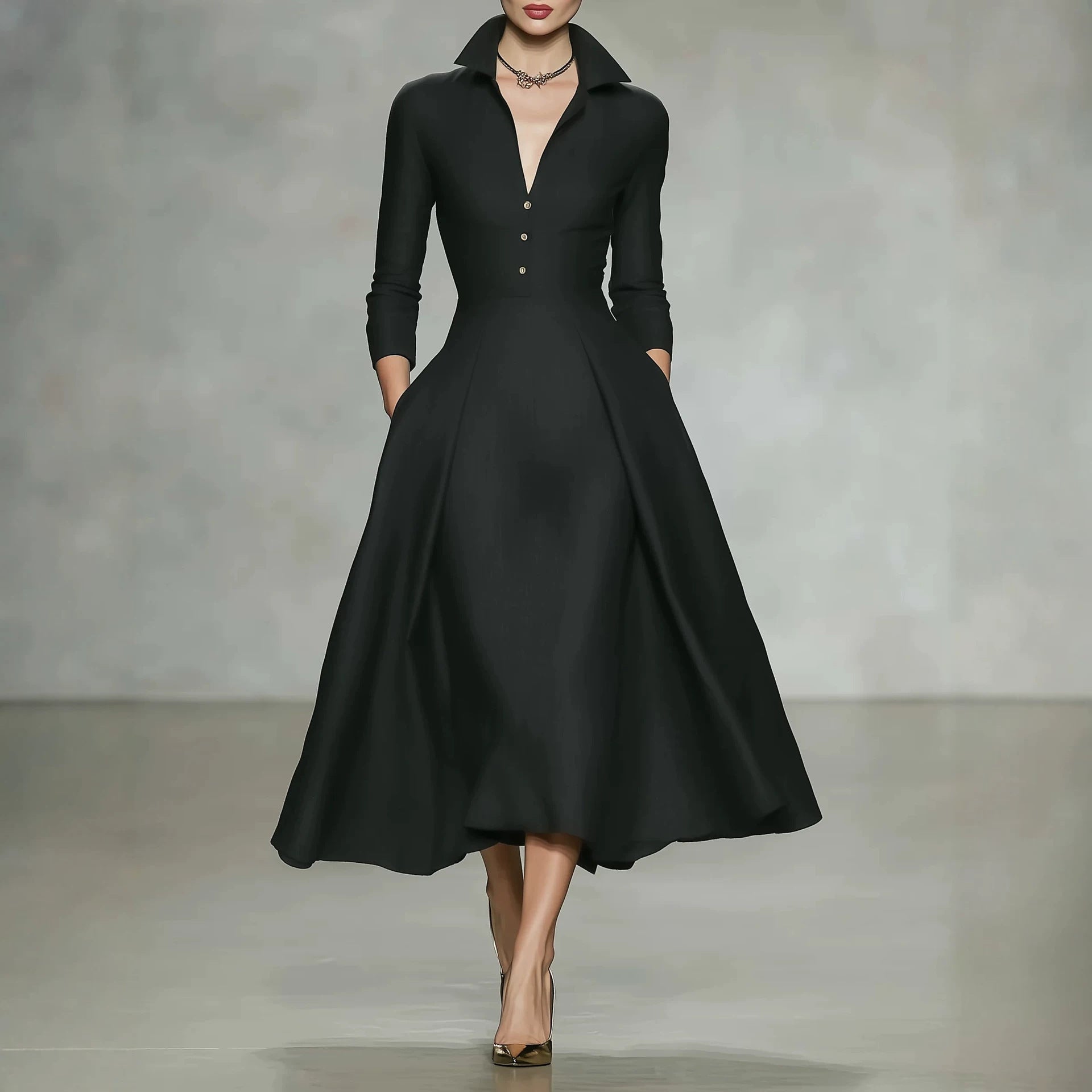 V-neck waist-cinching long sleeve midi dress by FitiqueFit, showcasing fitted silhouette and elegant design on model.